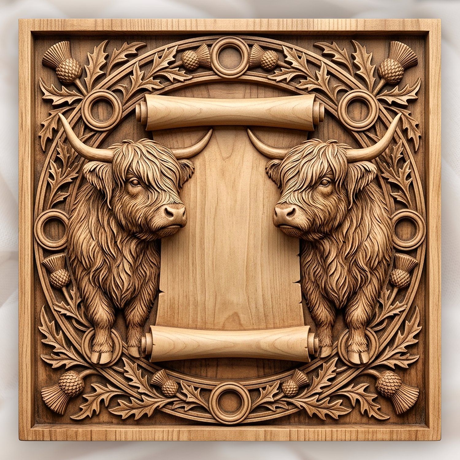 Highland Cow Scottish Thistle Scroll CNC Relief STL | Rustic Farmhouse Wall Art Panel | Heritage Wood Carving Design — carved bas relief STL file for CNC
