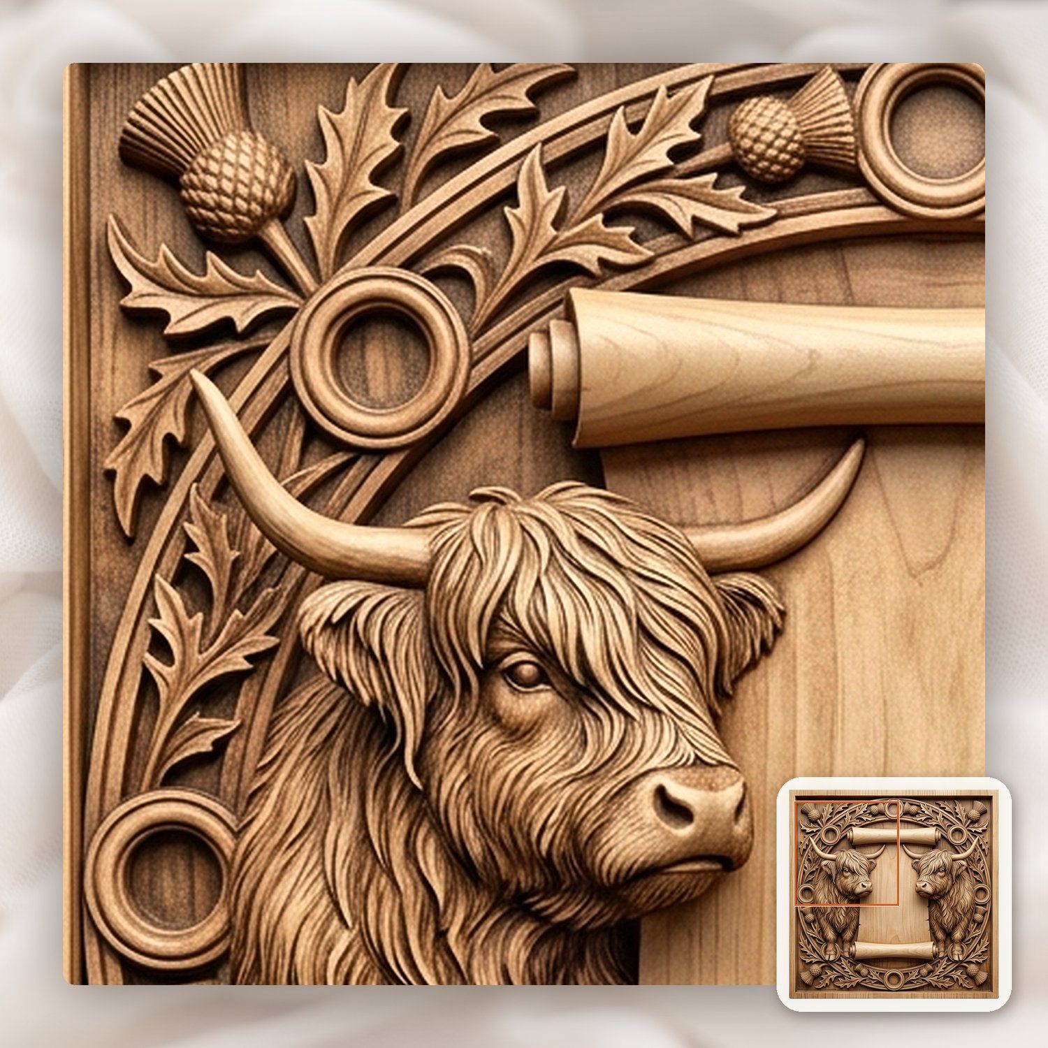 Highland Cow Scottish Thistle Scroll CNC Relief STL bas-relief STL — view 10