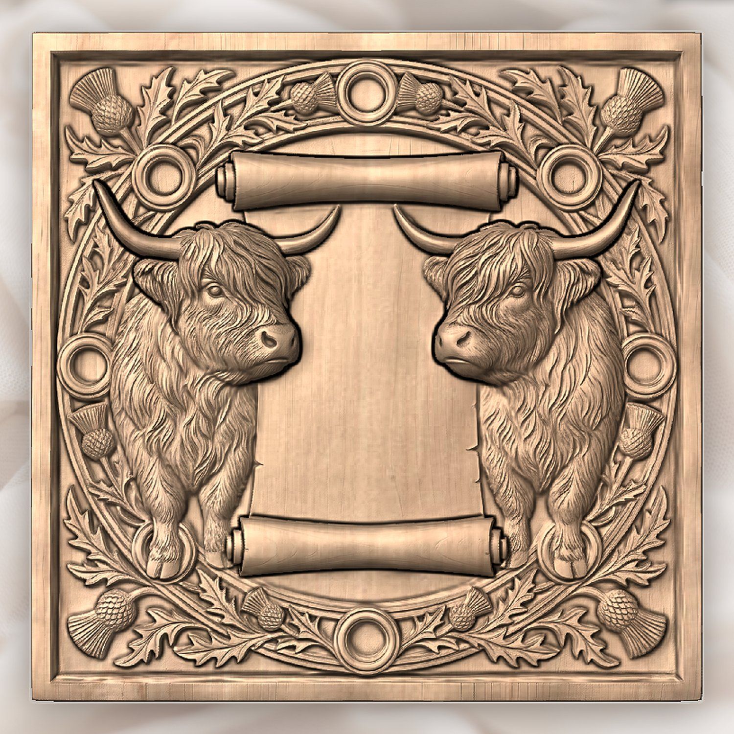 Highland Cow Scottish Thistle Scroll CNC Relief STL bas-relief STL — view 2