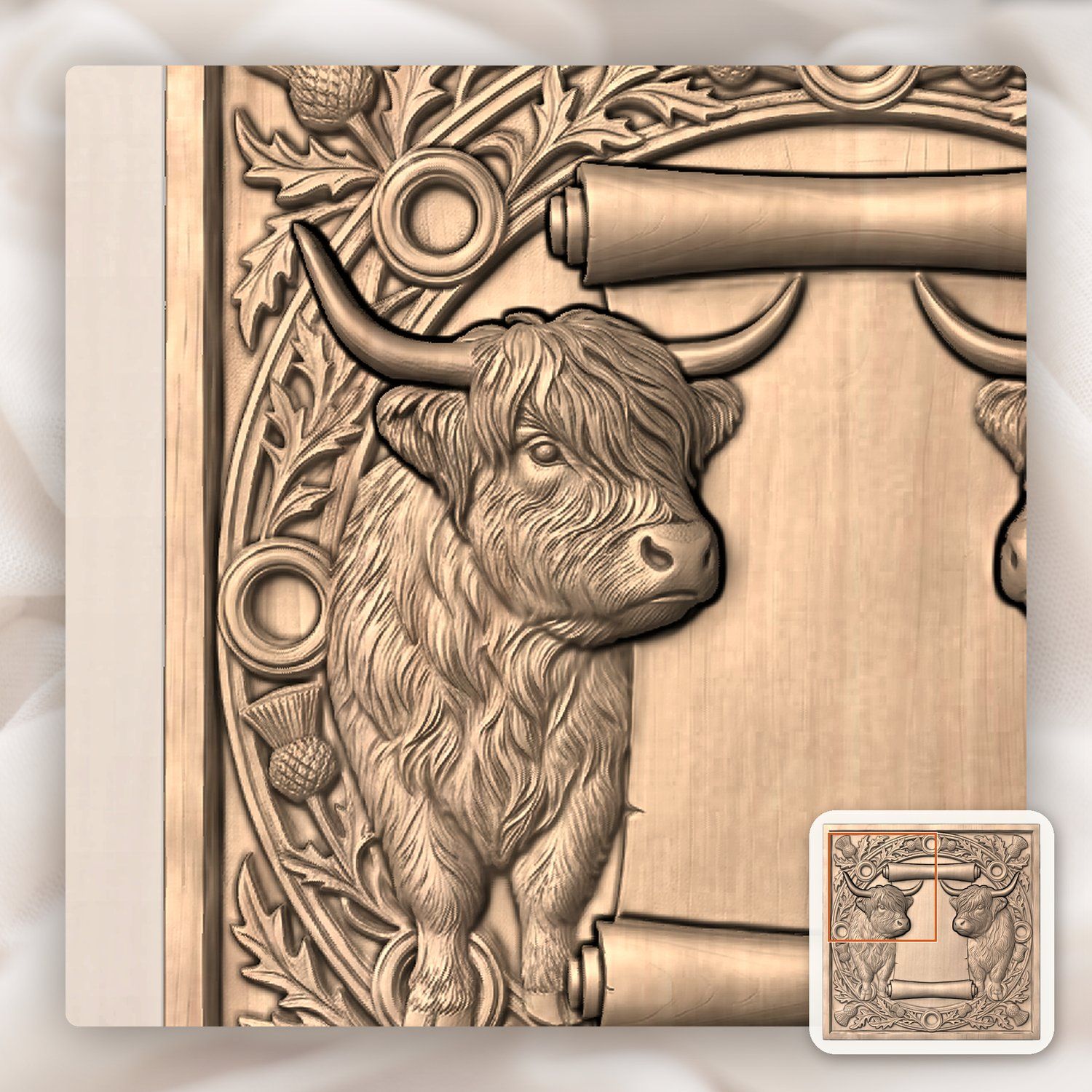 Highland Cow Scottish Thistle Scroll CNC Relief STL bas-relief STL — view 4