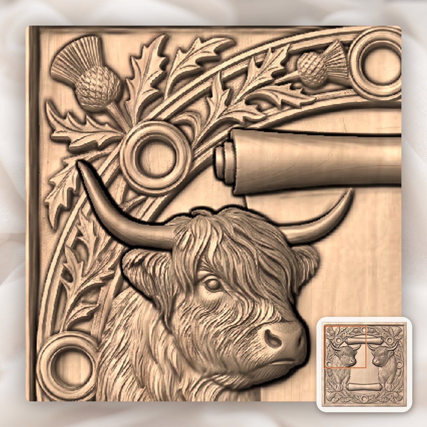 Highland Cow Scottish Thistle Scroll CNC Relief STL bas-relief STL — view 5