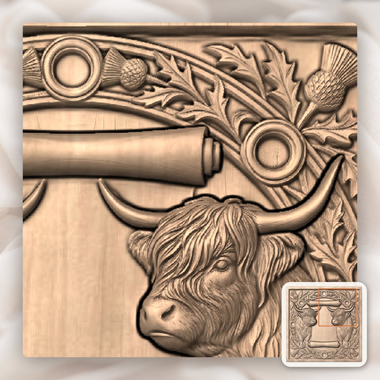 Highland Cow Scottish Thistle Scroll CNC Relief STL bas-relief STL — view 6
