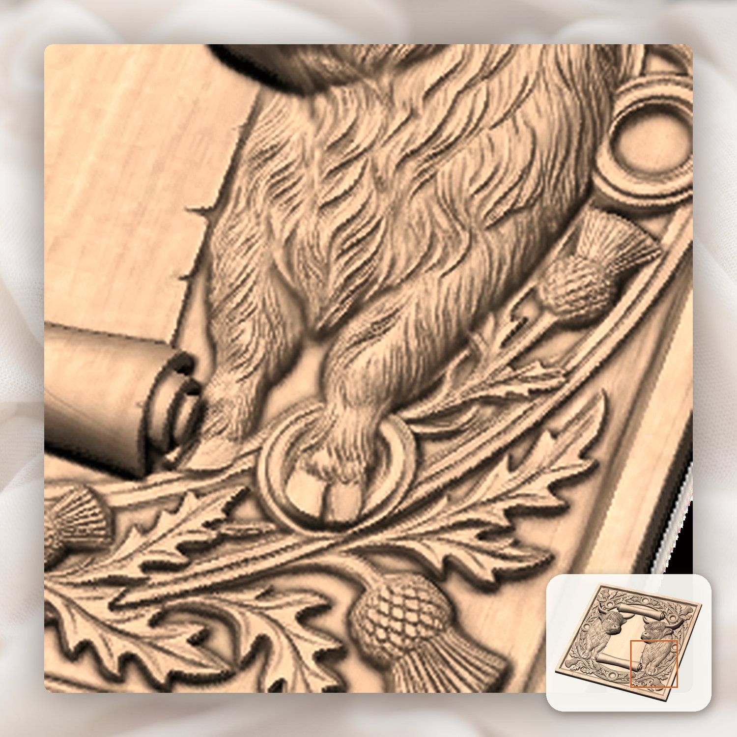 Highland Cow Scottish Thistle Scroll CNC Relief STL bas-relief STL — view 8