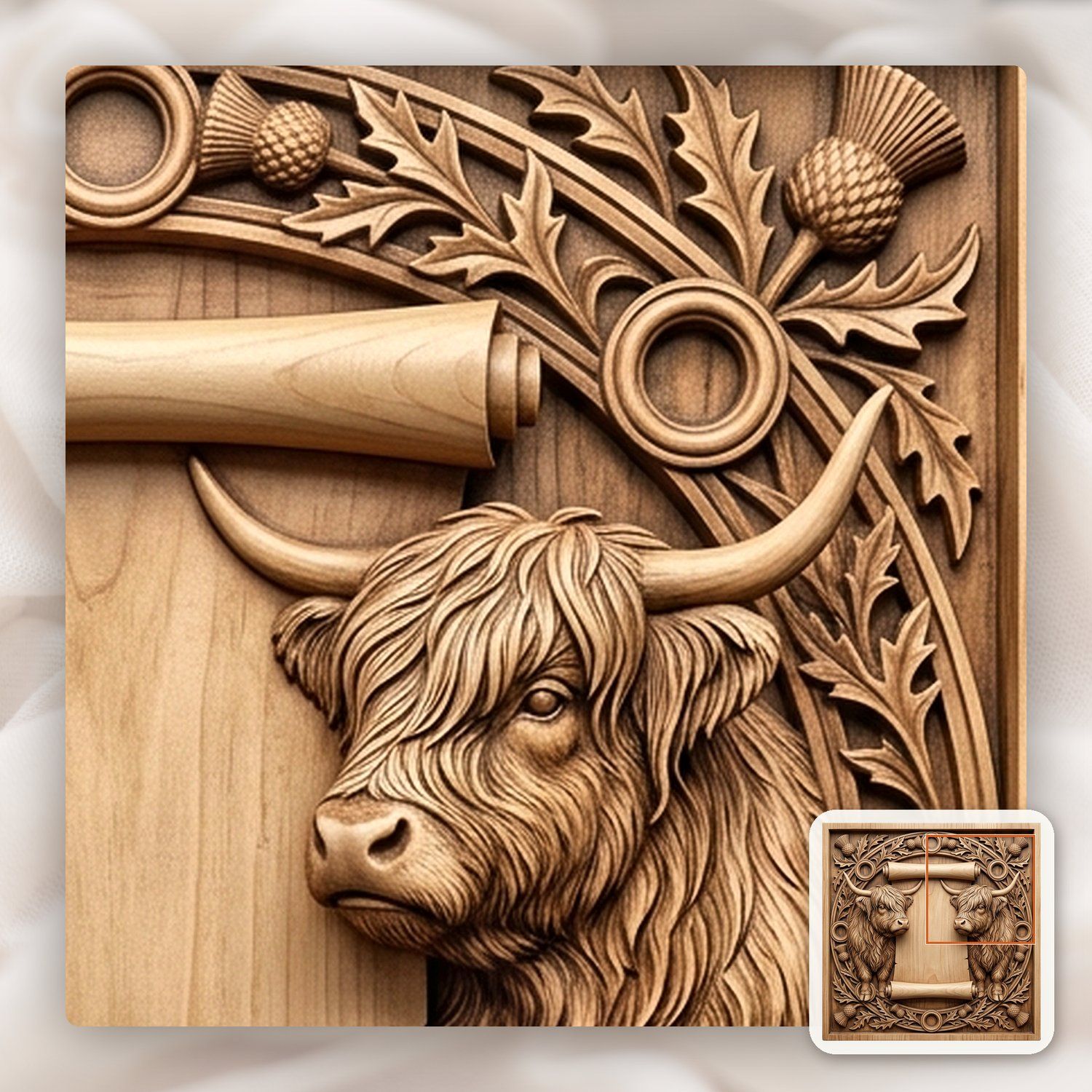 Highland Cow Scottish Thistle Scroll CNC Relief STL bas-relief STL — view 9