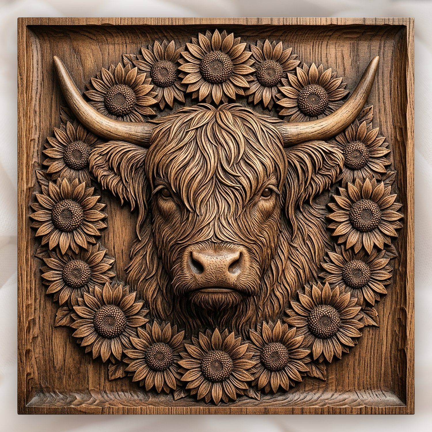 Highland Cow Sunflower Garden CNC Relief STL bas-relief STL design