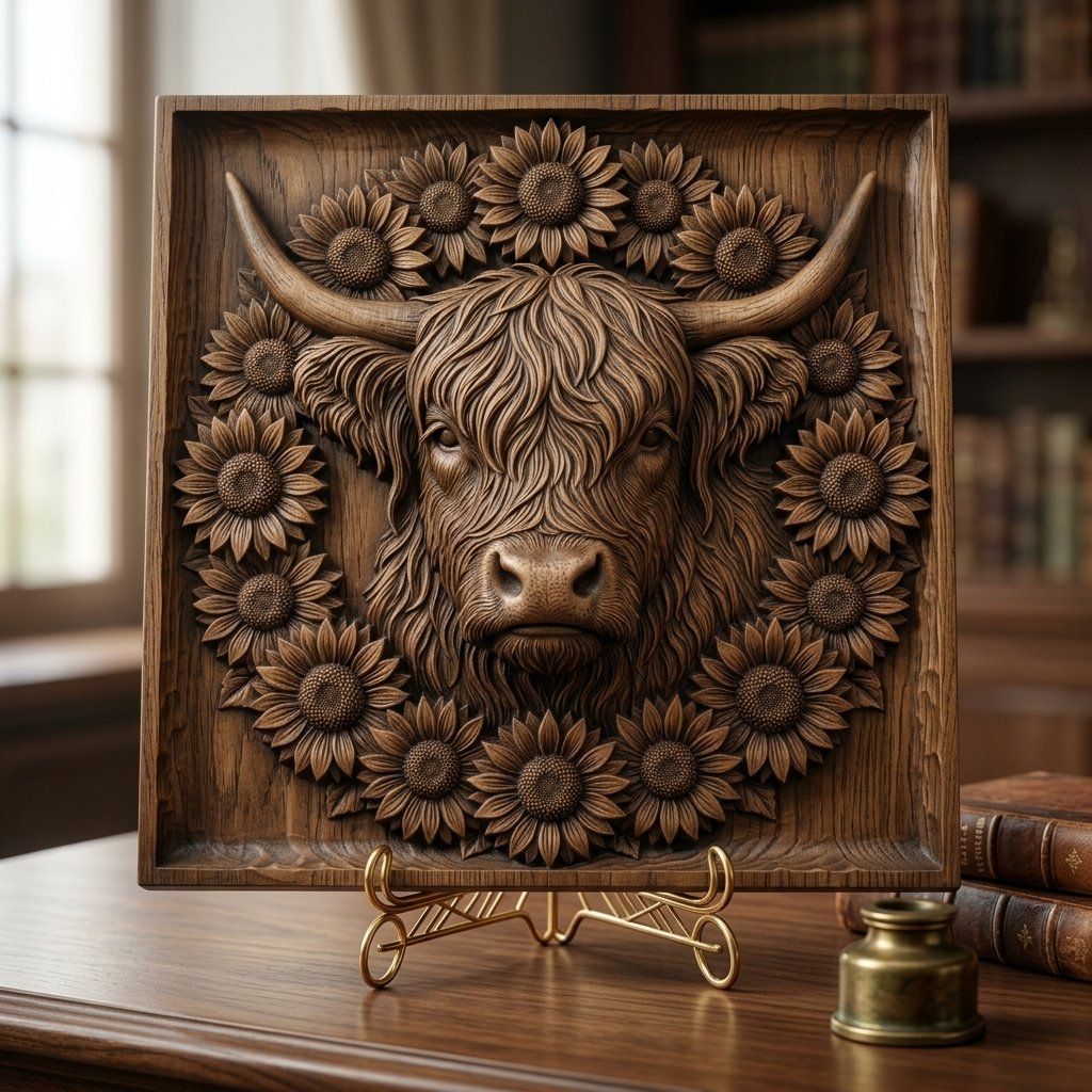 Highland Cow Sunflower Garden CNC Relief STL bas-relief STL — view 5