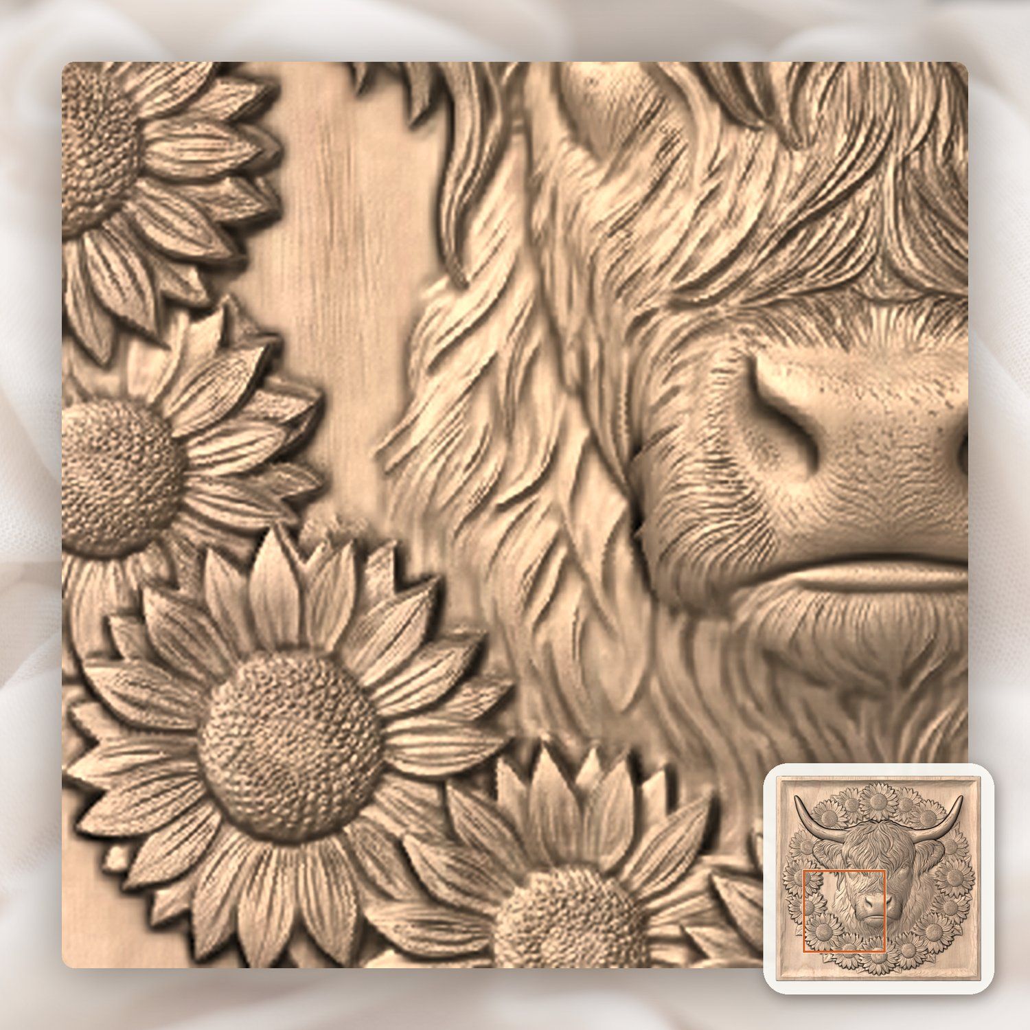 Highland Cow Sunflower Garden CNC Relief STL bas-relief STL — view 8