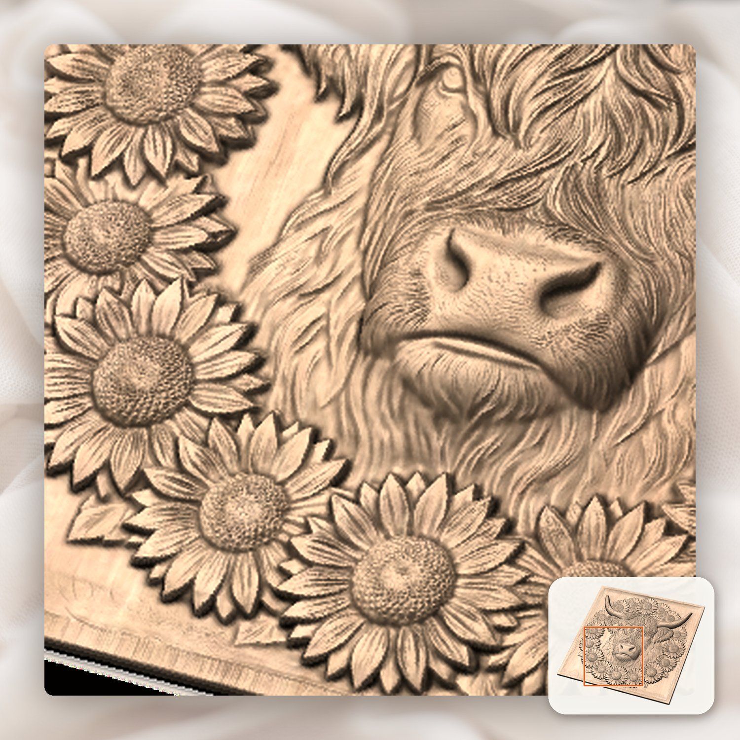 Highland Cow Sunflower Garden CNC Relief STL bas-relief STL — view 9