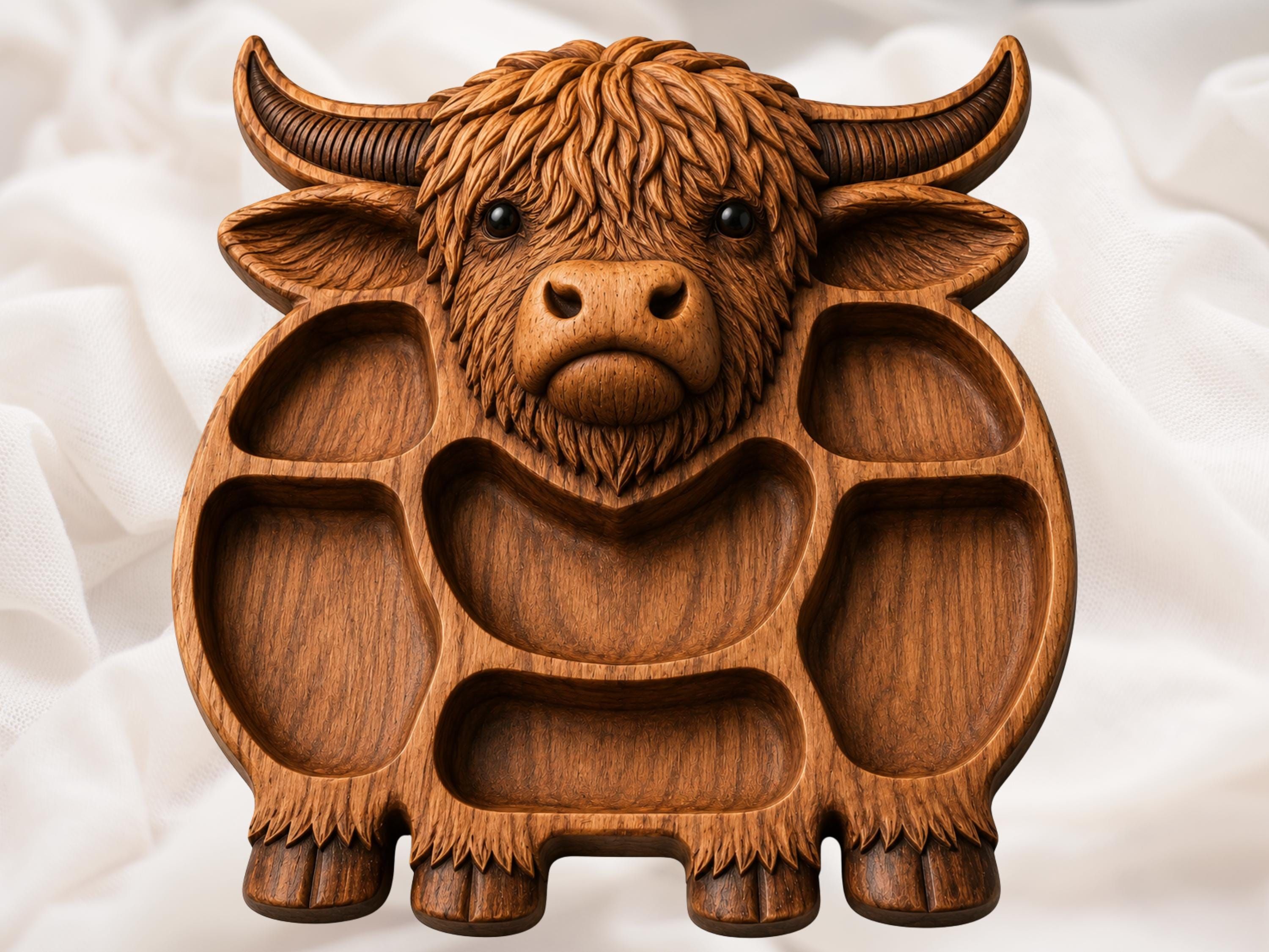 Highland Cow Serving Tray STL with Snack Compartments bas-relief STL — view 10
