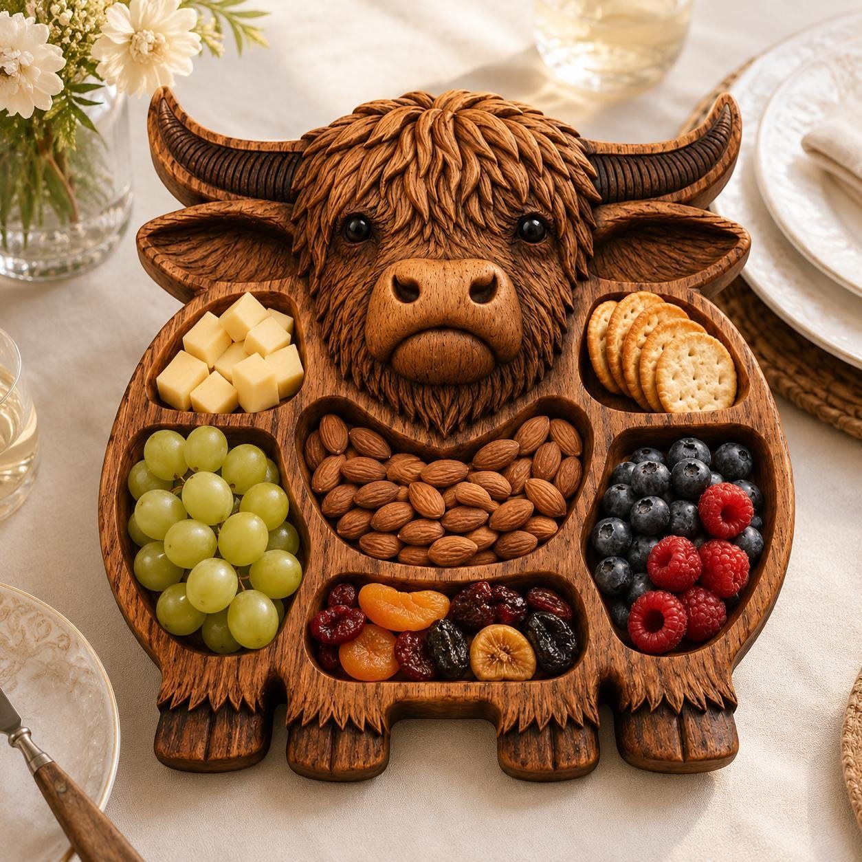 Highland Cow Serving Tray STL with Snack Compartments bas-relief STL — view 14