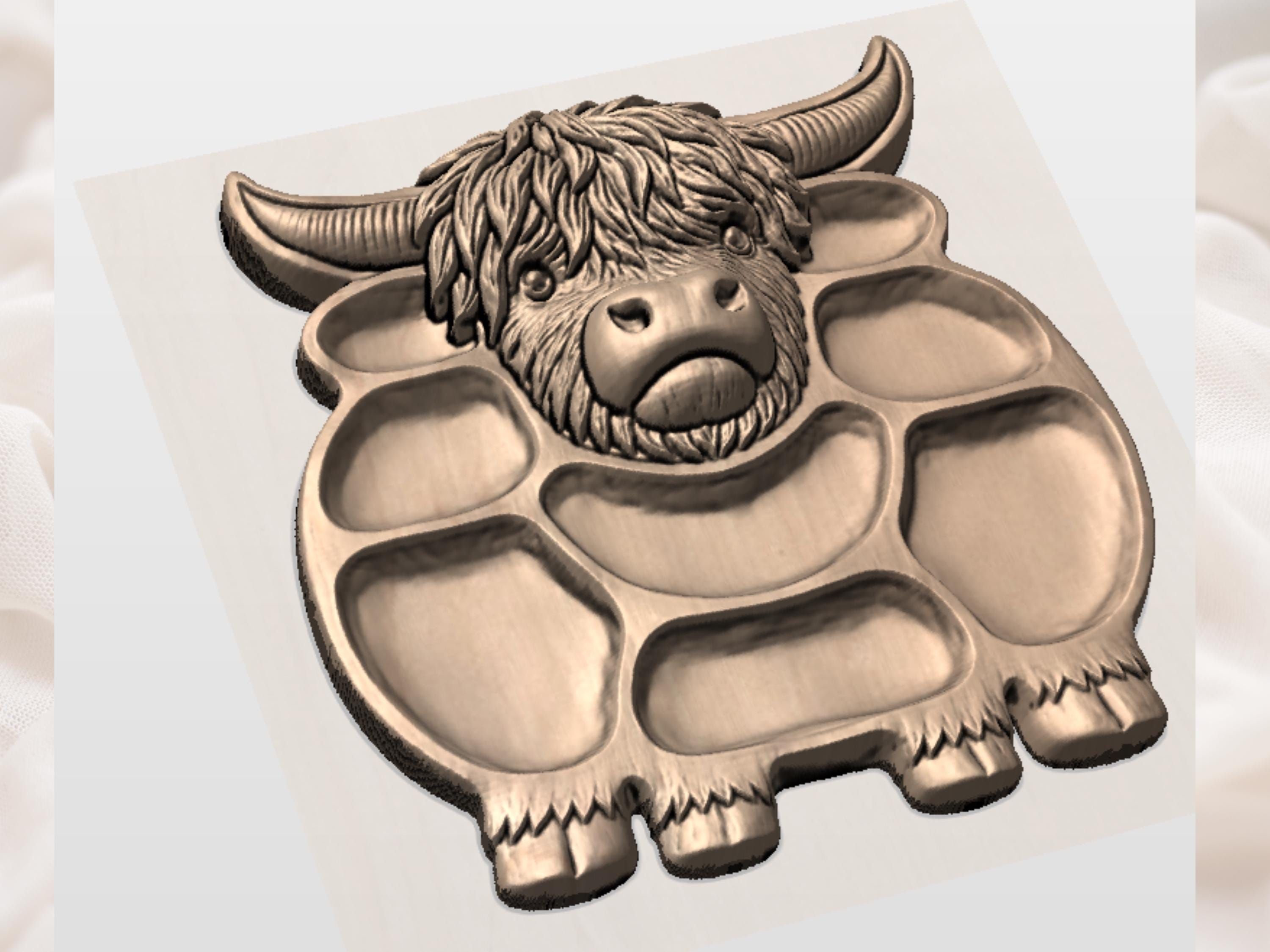 Highland Cow Serving Tray STL with Snack Compartments bas-relief STL — view 3