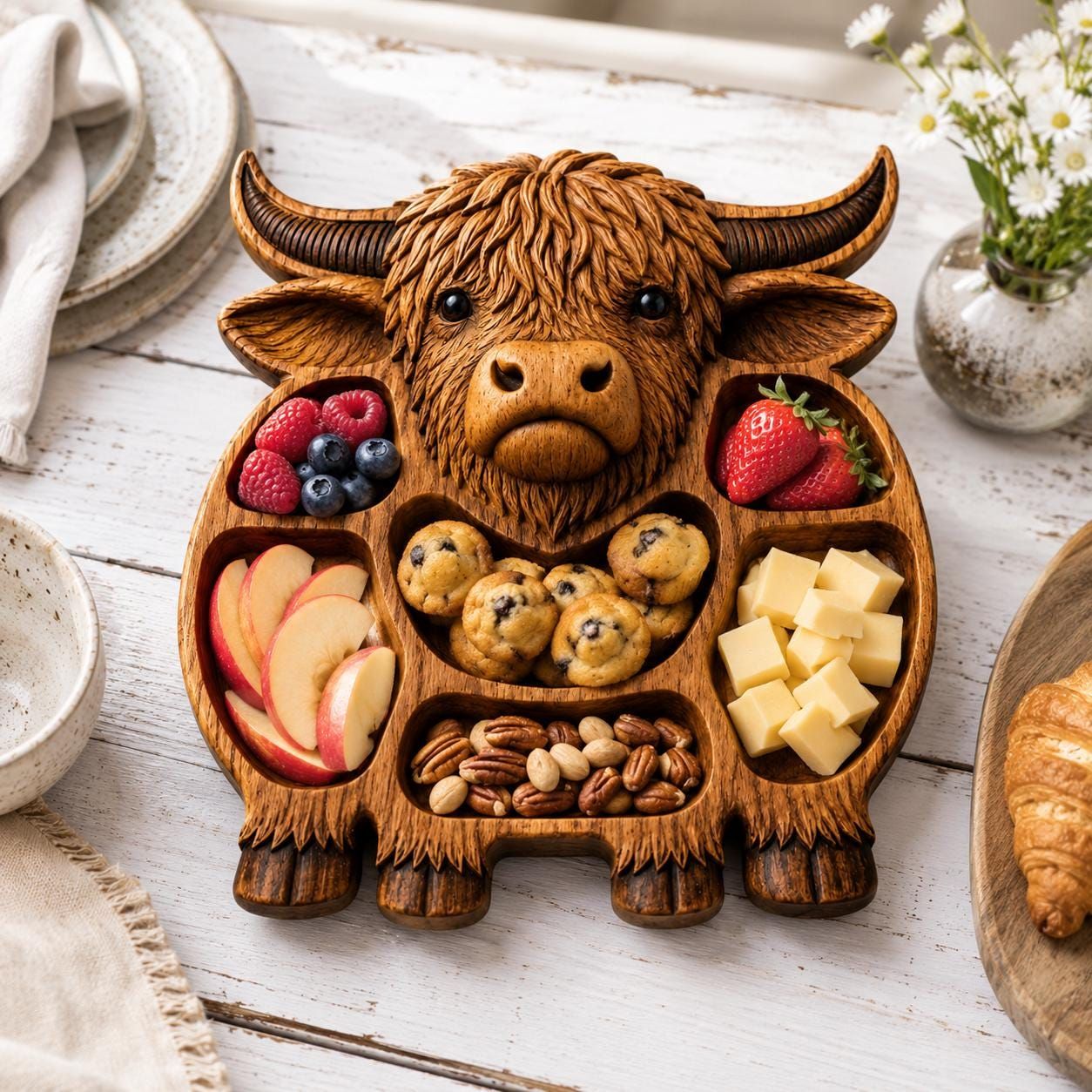 Highland Cow Serving Tray STL with Snack Compartments bas-relief STL — view 4
