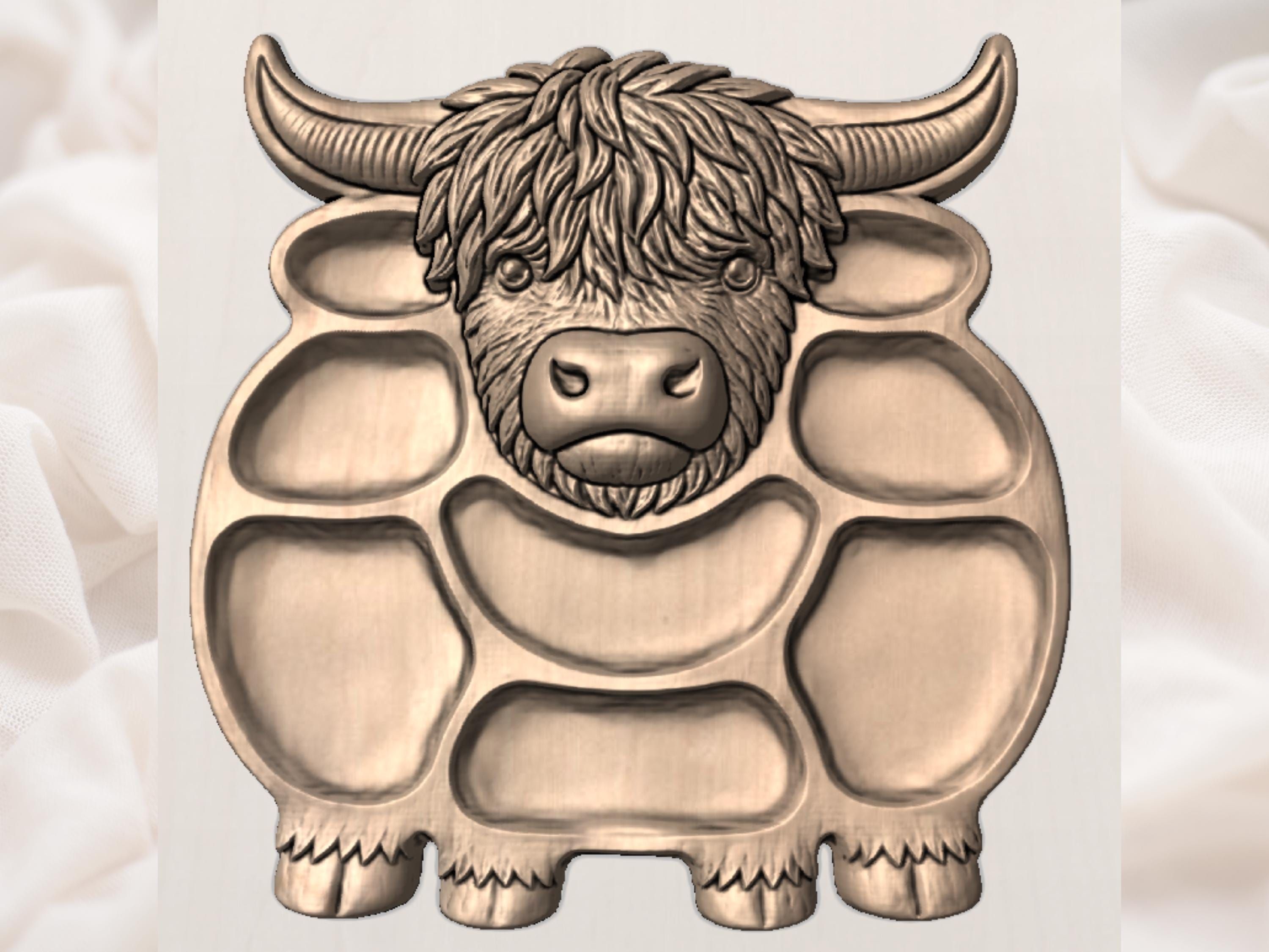 Highland Cow Serving Tray STL with Snack Compartments bas-relief STL — view 5