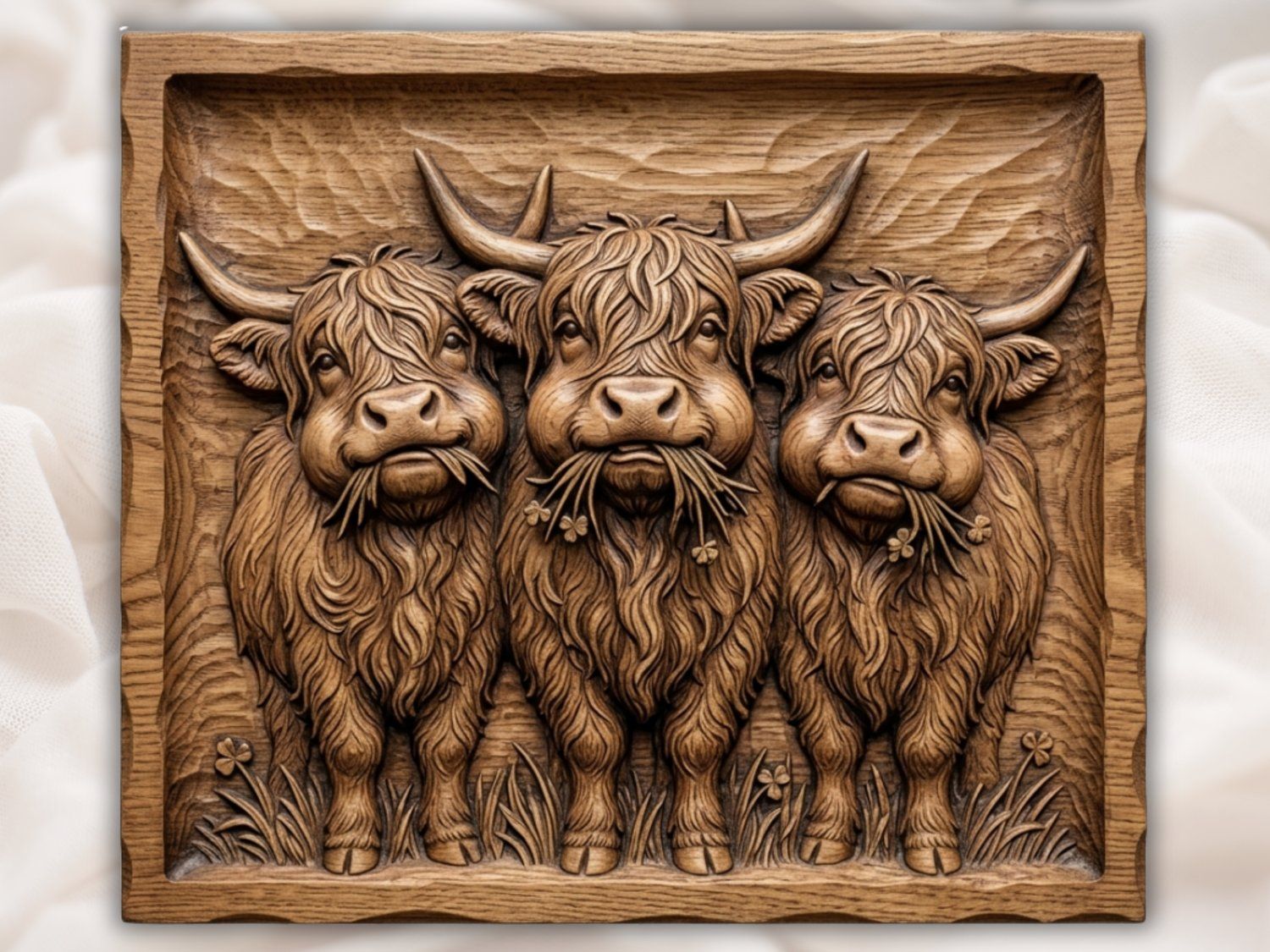 Highland Cow Trio With Lucky Clovers CNC Relief STL | Rustic Farmhouse Wall Decor | Scottish Cow Bas Relief Panel — carved bas relief STL file for CNC