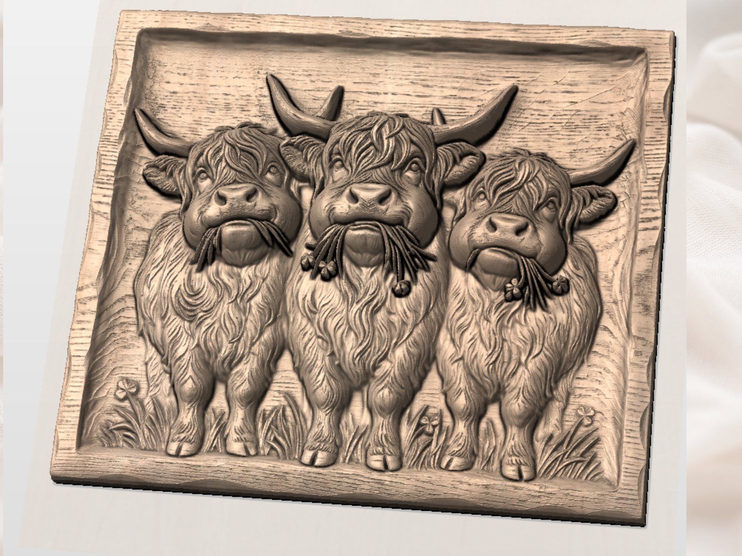 Highland Cow Trio With Lucky Clovers CNC Relief STL bas-relief STL — view 2