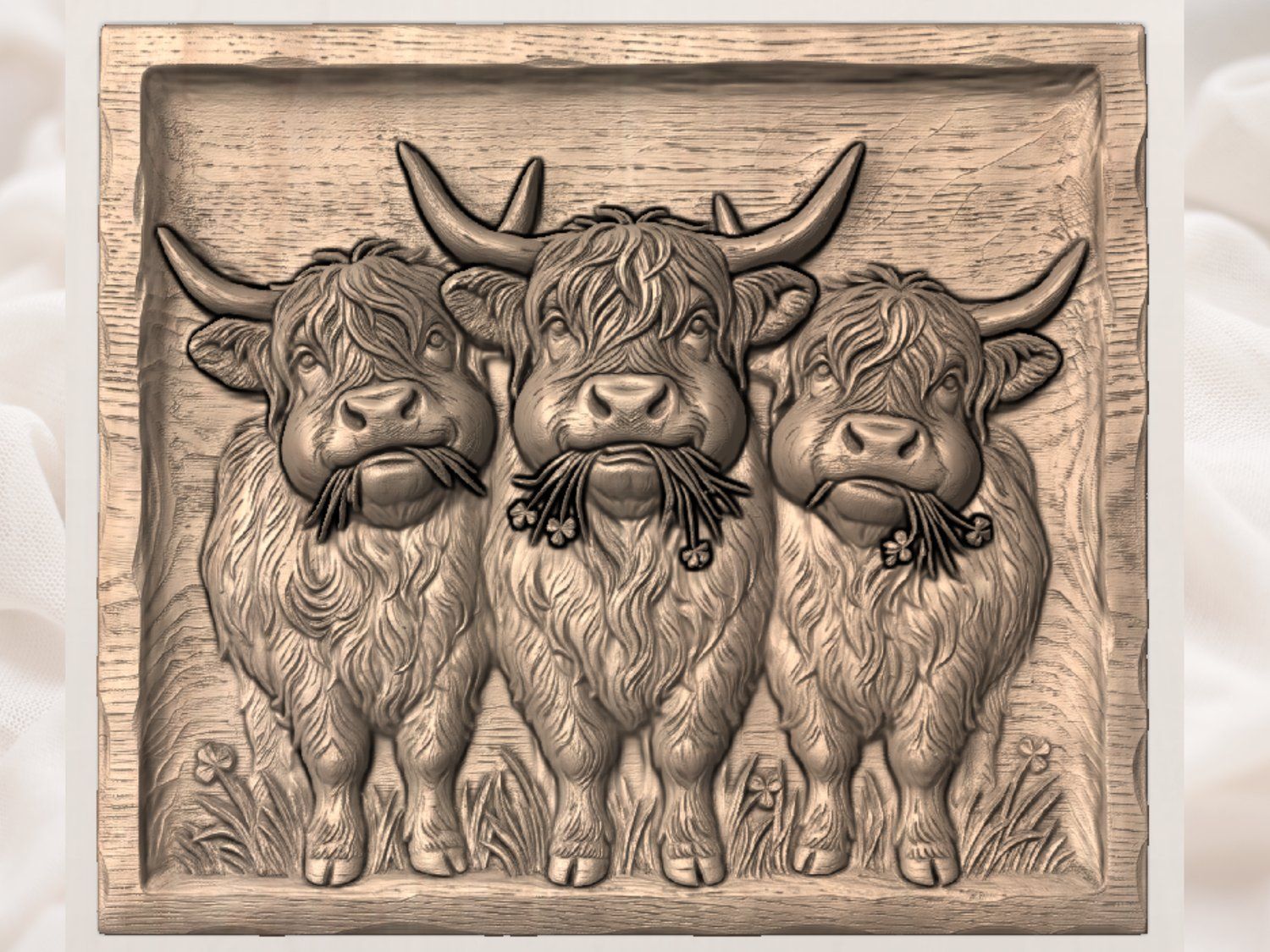 Highland Cow Trio With Lucky Clovers CNC Relief STL bas-relief STL — view 3