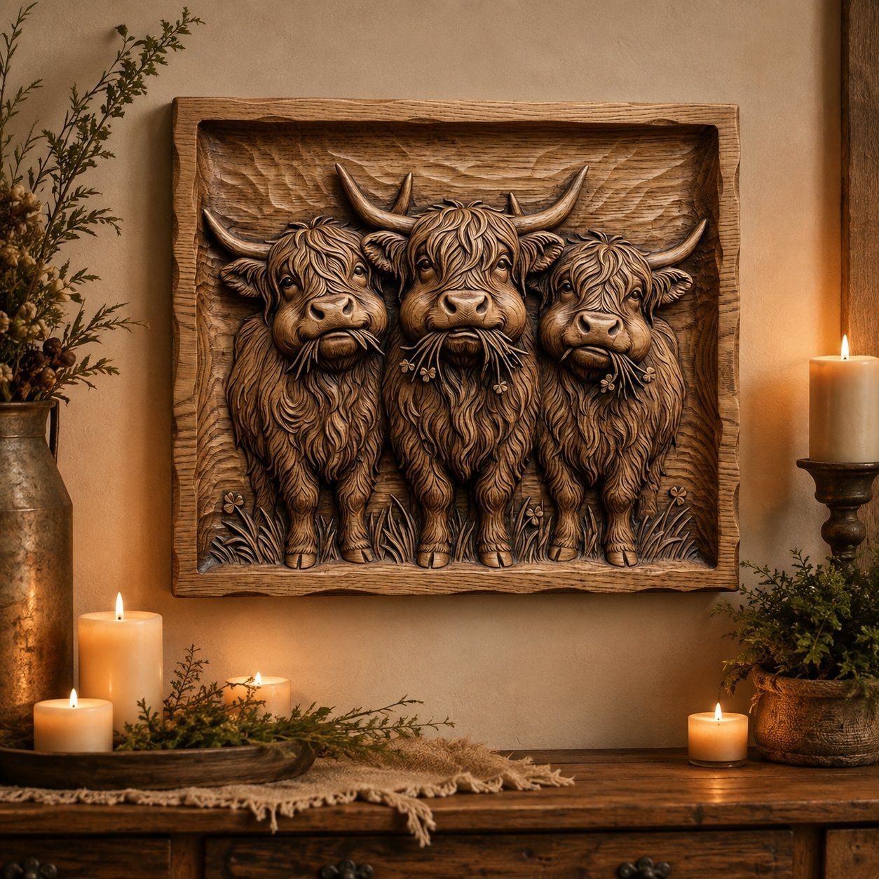 Highland Cow Trio With Lucky Clovers CNC Relief STL bas-relief STL — view 4