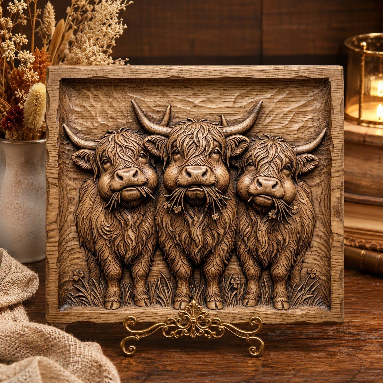 Highland Cow Trio With Lucky Clovers CNC Relief STL bas-relief STL — view 5