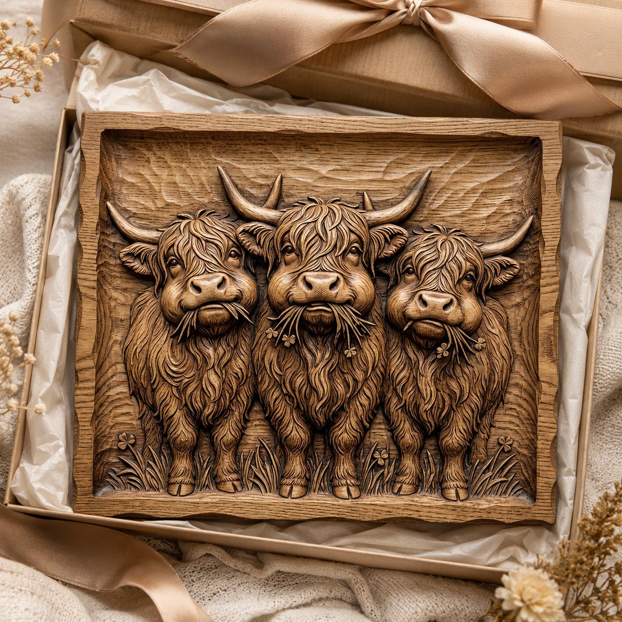 Highland Cow Trio With Lucky Clovers CNC Relief STL bas-relief STL — view 7