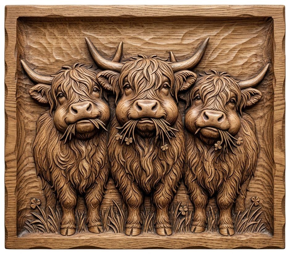Highland Cow Trio With Lucky Clovers CNC Relief STL bas-relief STL — view 9