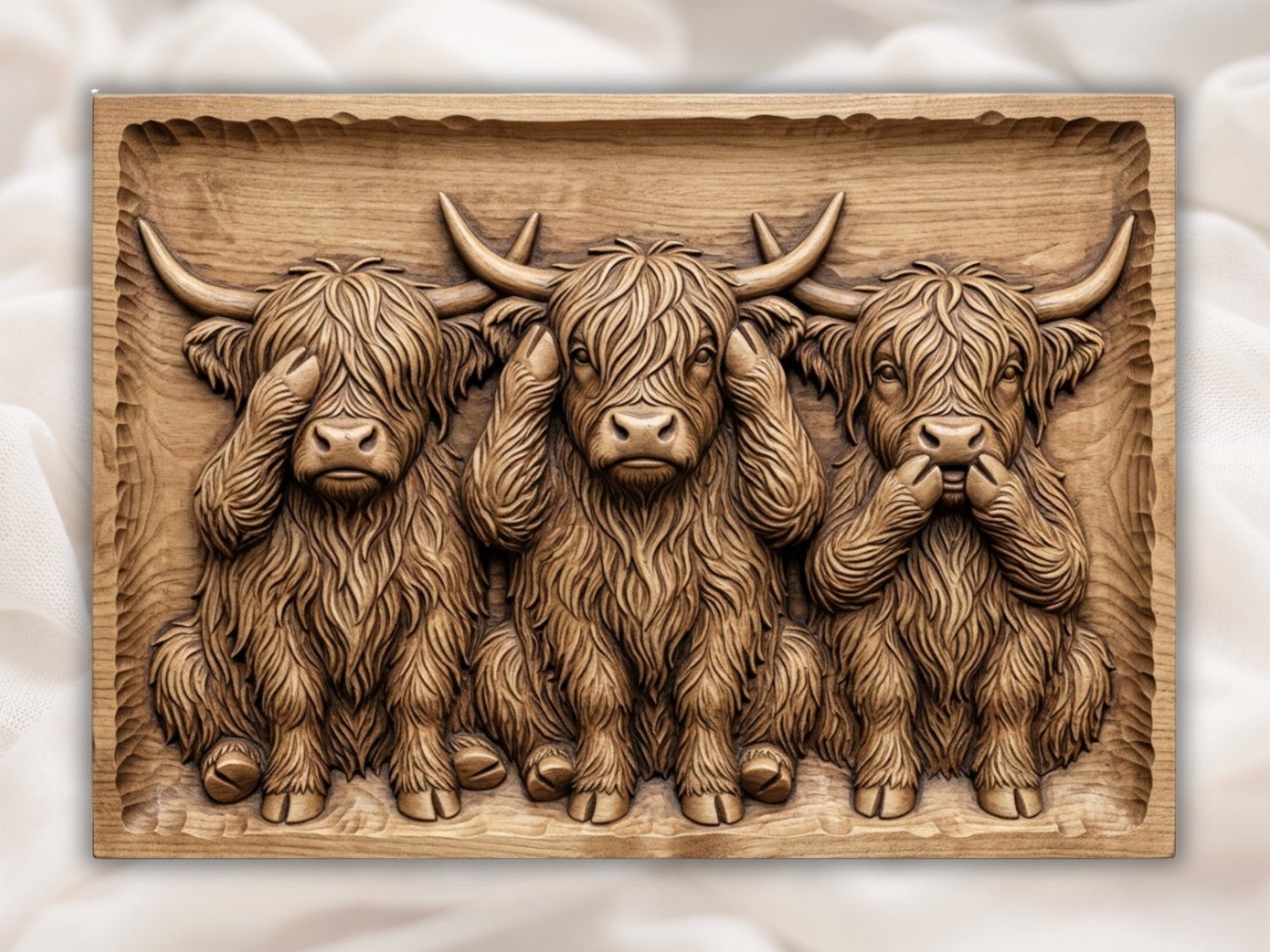 Highland Cow Wise Trio CNC Relief STL | Rustic Farmhouse Wall Art Panel | Scottish Cattle Wood Carving — carved bas relief STL file for CNC