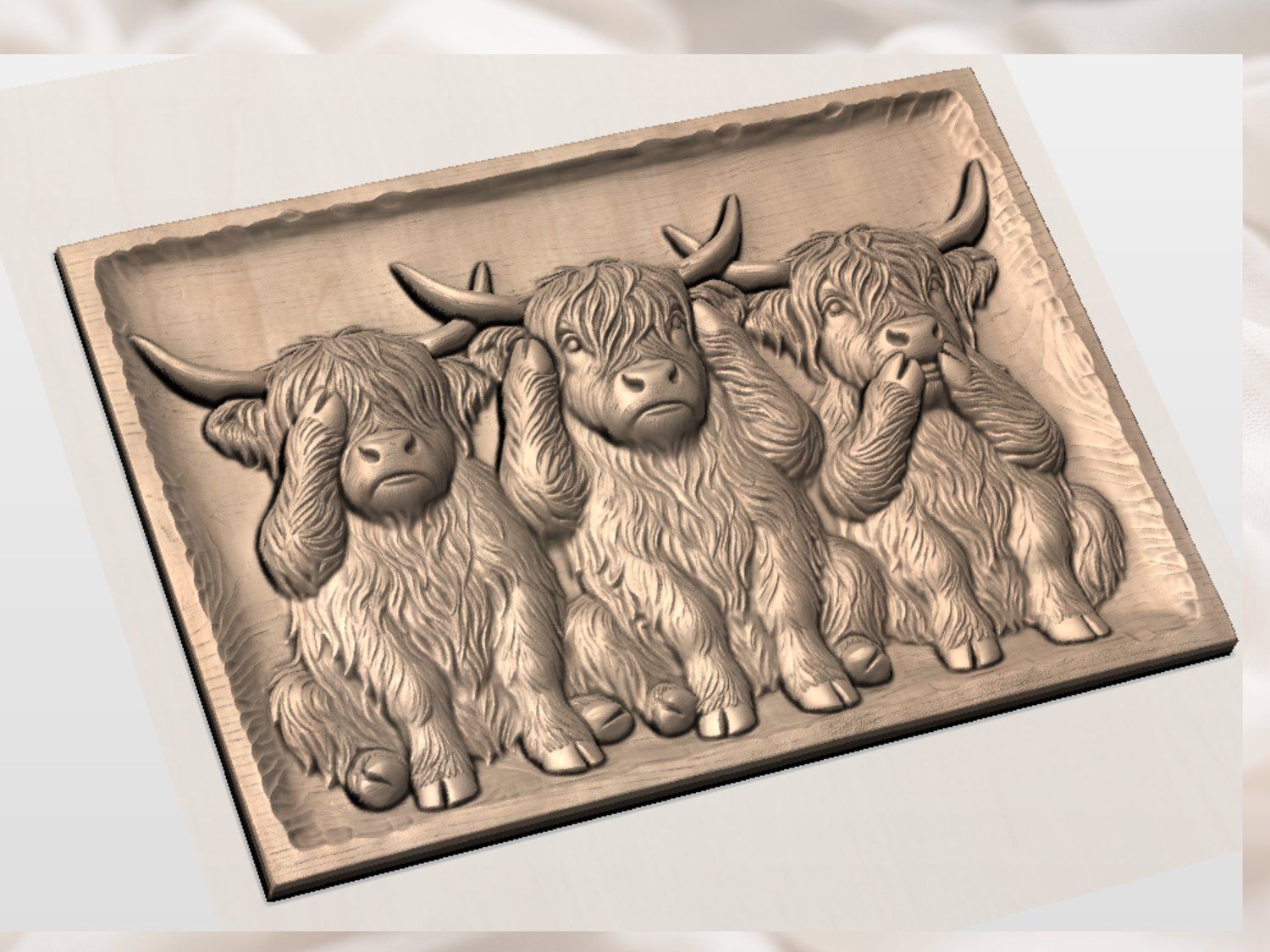 Highland Cow Wise Trio CNC Relief STL bas-relief STL — view 3