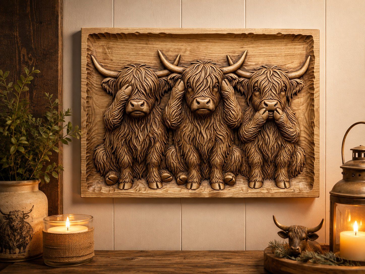 Highland Cow Wise Trio CNC Relief STL bas-relief STL — view 4
