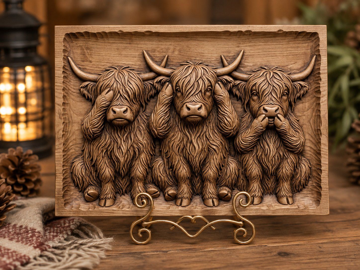 Highland Cow Wise Trio CNC Relief STL bas-relief STL — view 5