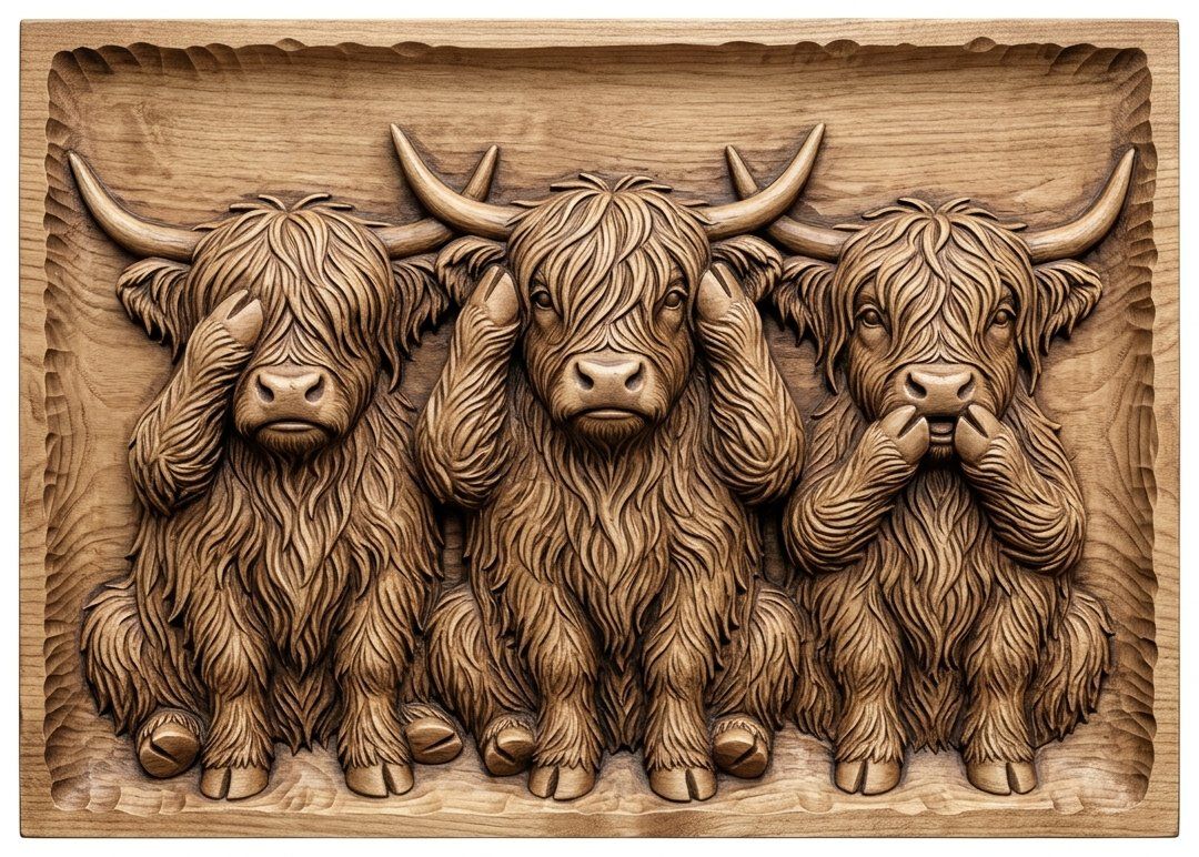 Highland Cow Wise Trio CNC Relief STL bas-relief STL — view 8