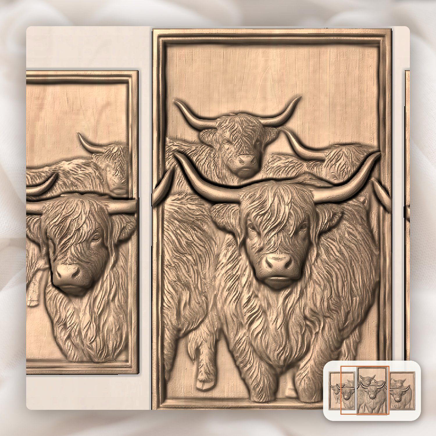 Highland Cows Decor Panels 3 Stepped Vertical CNC Relief STL bas-relief STL — view 6