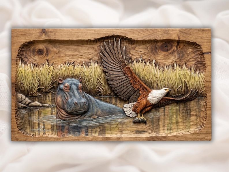 Carved wood bas-relief of a hippo in river water with a fish eagle swooping low over reeds