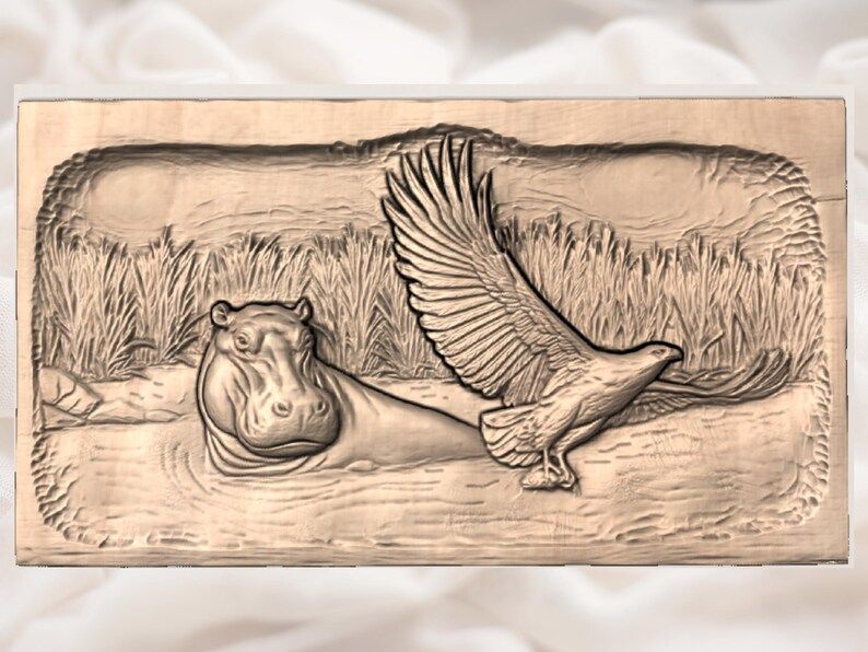 Hippo and Fish Eagle River Scene Bas-Relief STL bas-relief STL — view 2