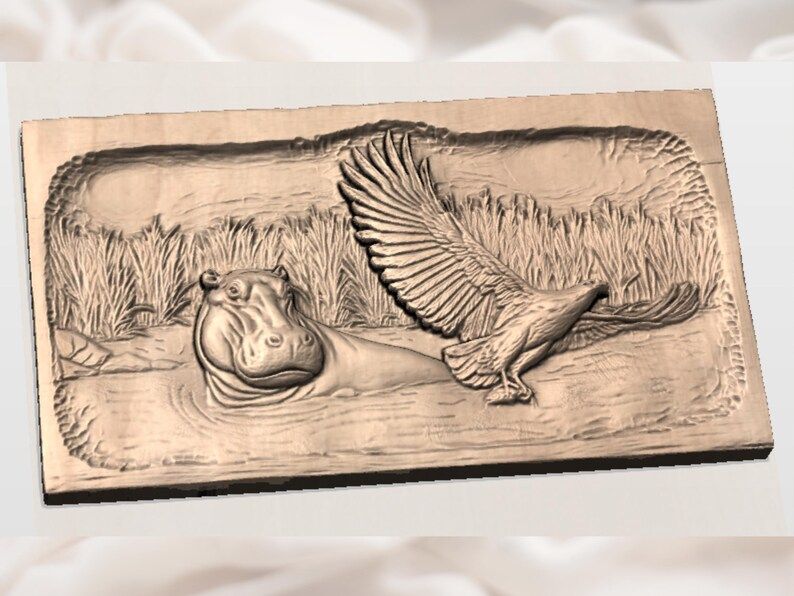 Hippo and Fish Eagle River Scene Bas-Relief STL bas-relief STL — view 3