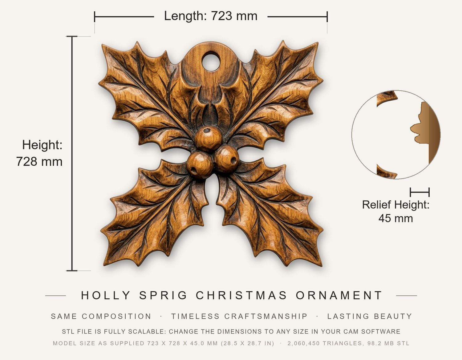 Holly Sprig Christmas Ornament CNC Relief STL bas-relief STL — view 3