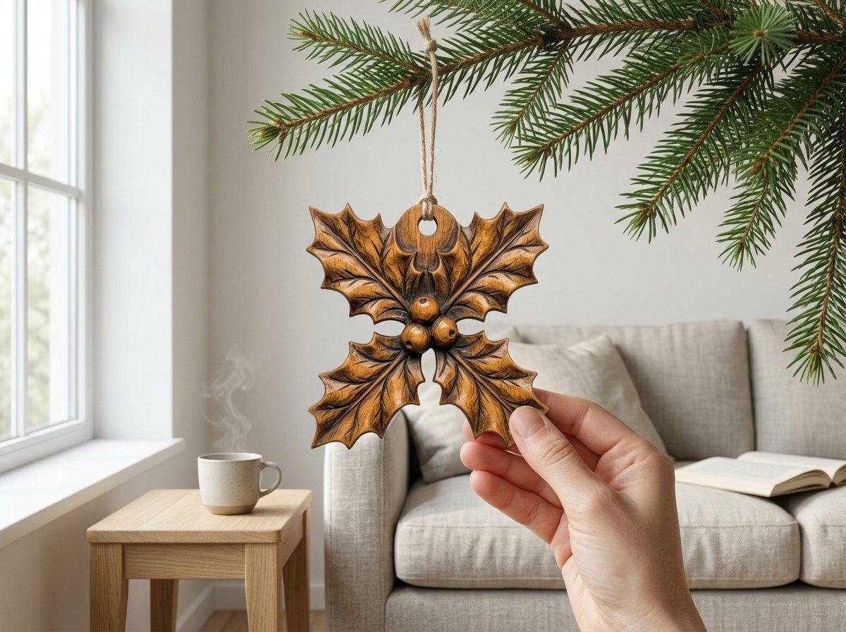 Holly Sprig Christmas Ornament CNC Relief STL | Festive Holiday Tree Decor | Winter Wood Carving Pattern — carved bas relief STL file for CNC