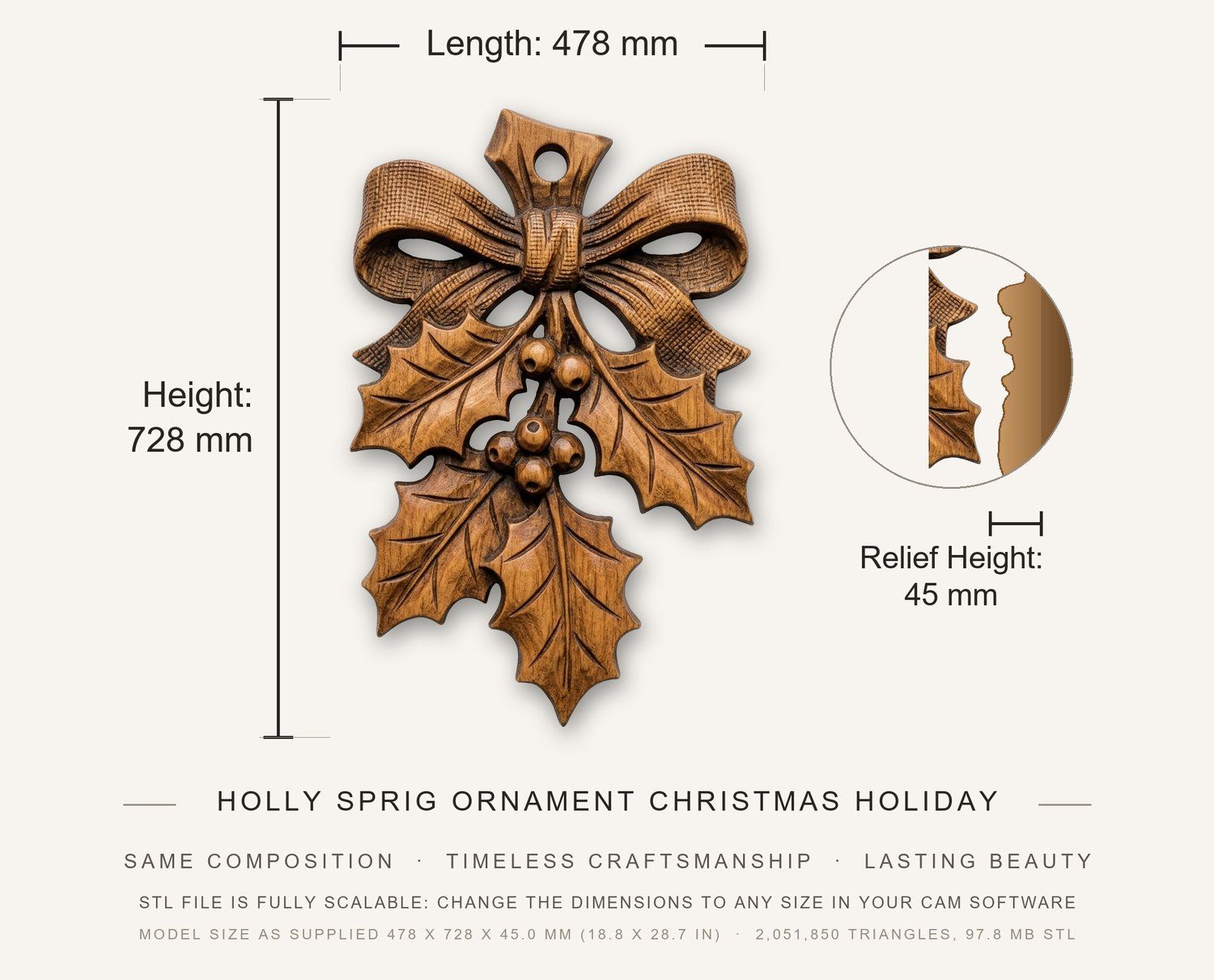 Holly Sprig Ornament Christmas Holiday CNC Relief STL bas-relief STL — view 3