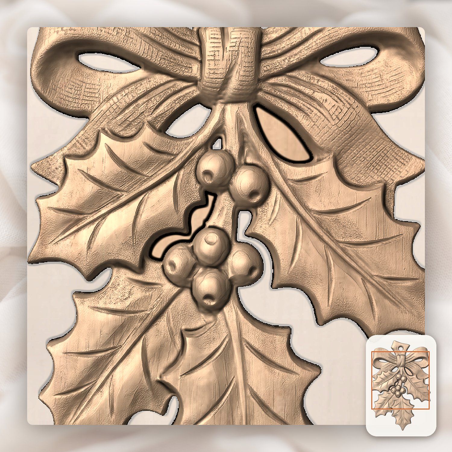 Holly Sprig Ornament Christmas Holiday CNC Relief STL bas-relief STL — view 7
