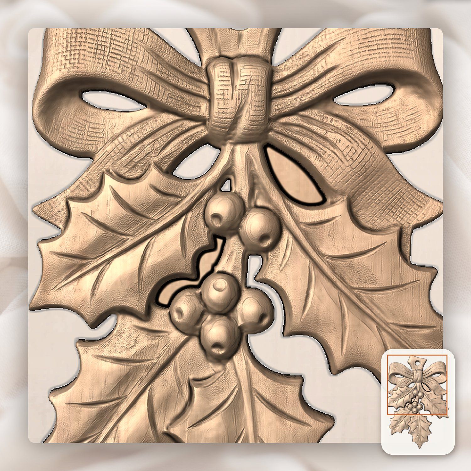 Holly Sprig Ornament Christmas Holiday CNC Relief STL bas-relief STL — view 8