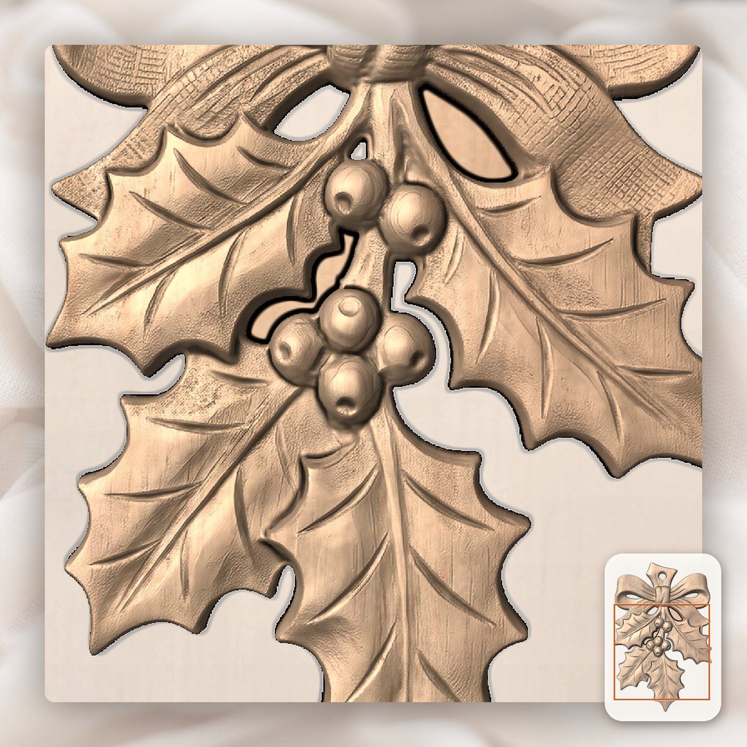 Holly Sprig Ornament Christmas Holiday CNC Relief STL bas-relief STL — view 9