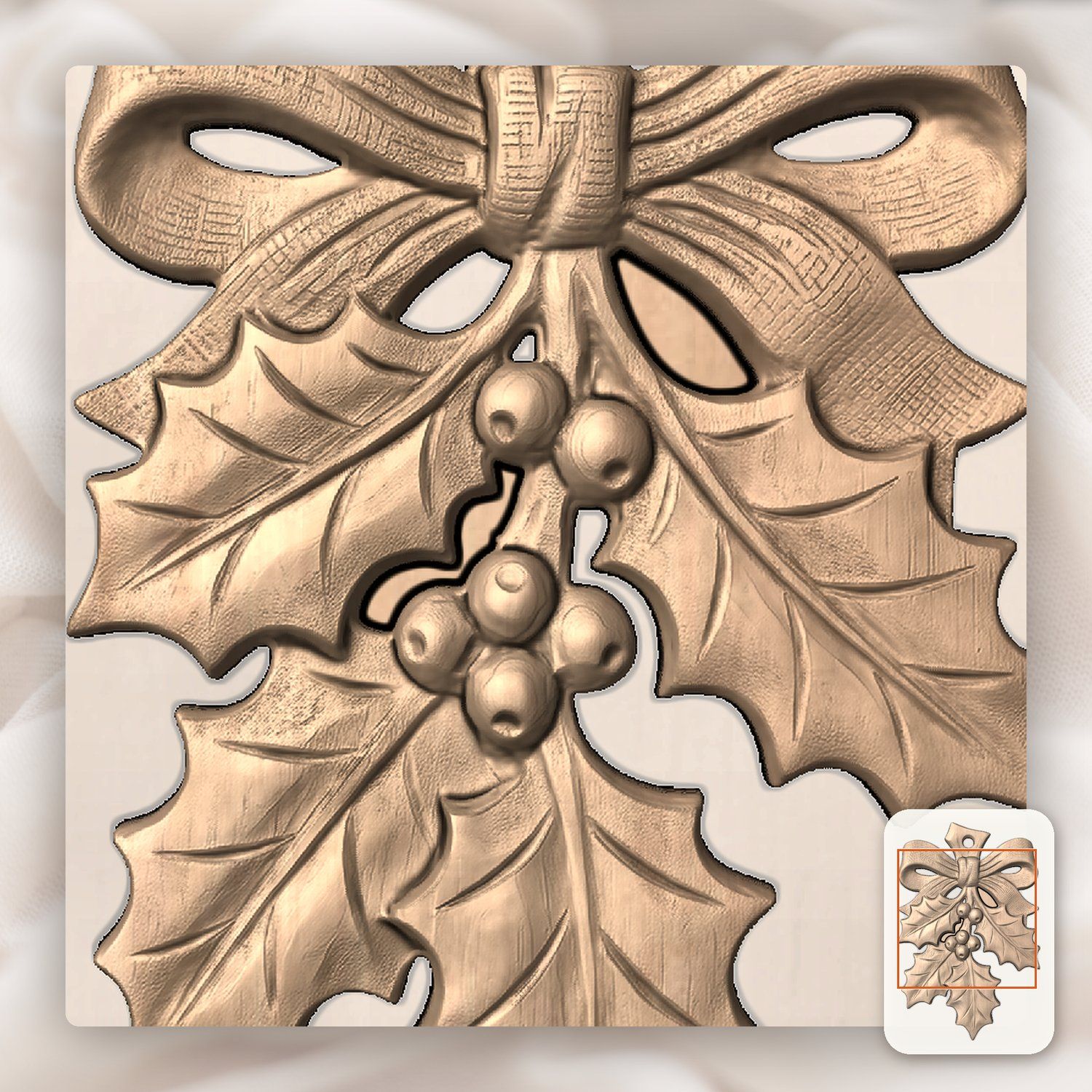 Holly Sprig Ornament Christmas Holiday CNC Relief STL bas-relief STL — view 10