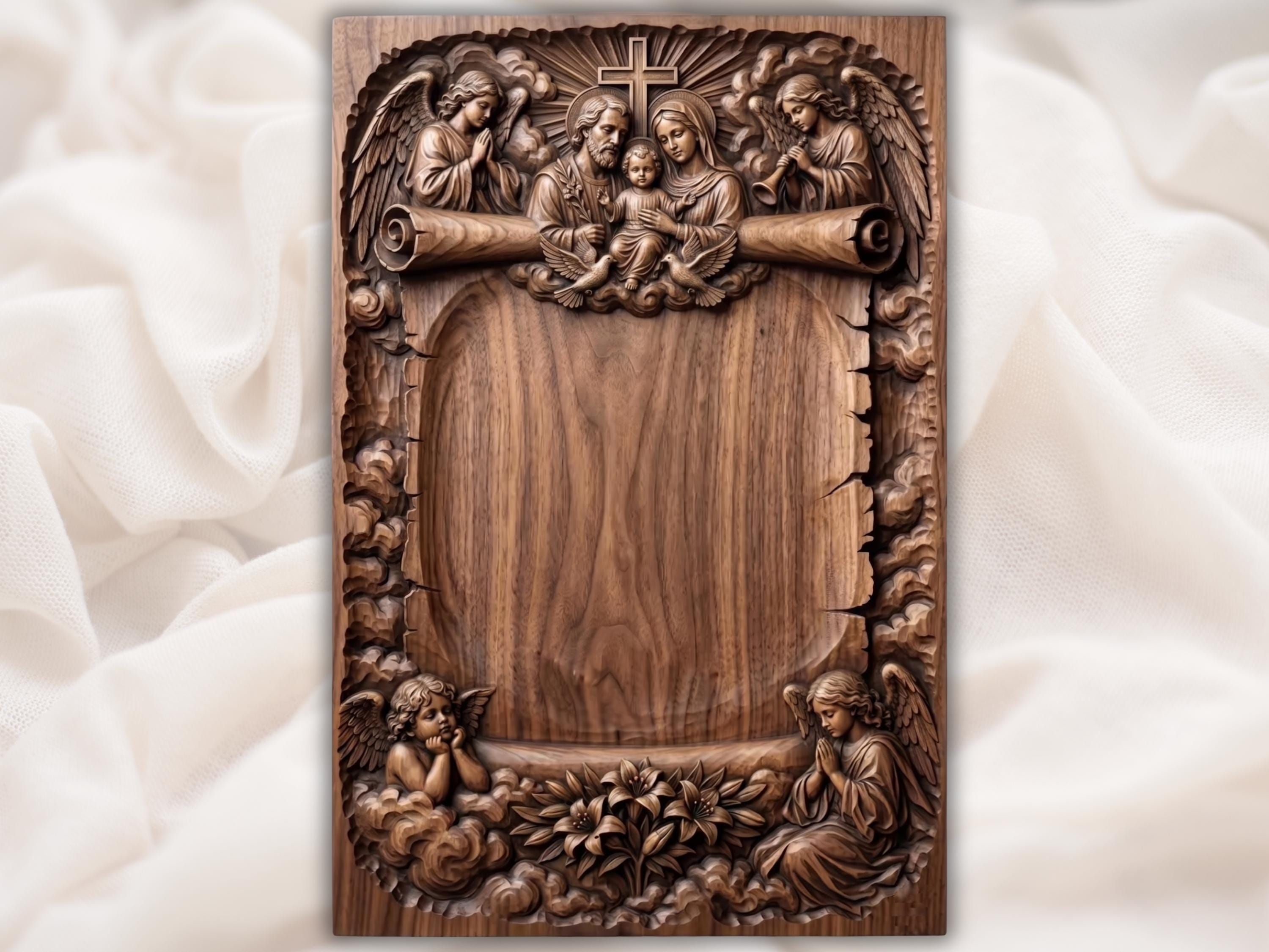 Carved wood relief of the Holy Family under a cross with angels, doves, and lilies around a blank panel