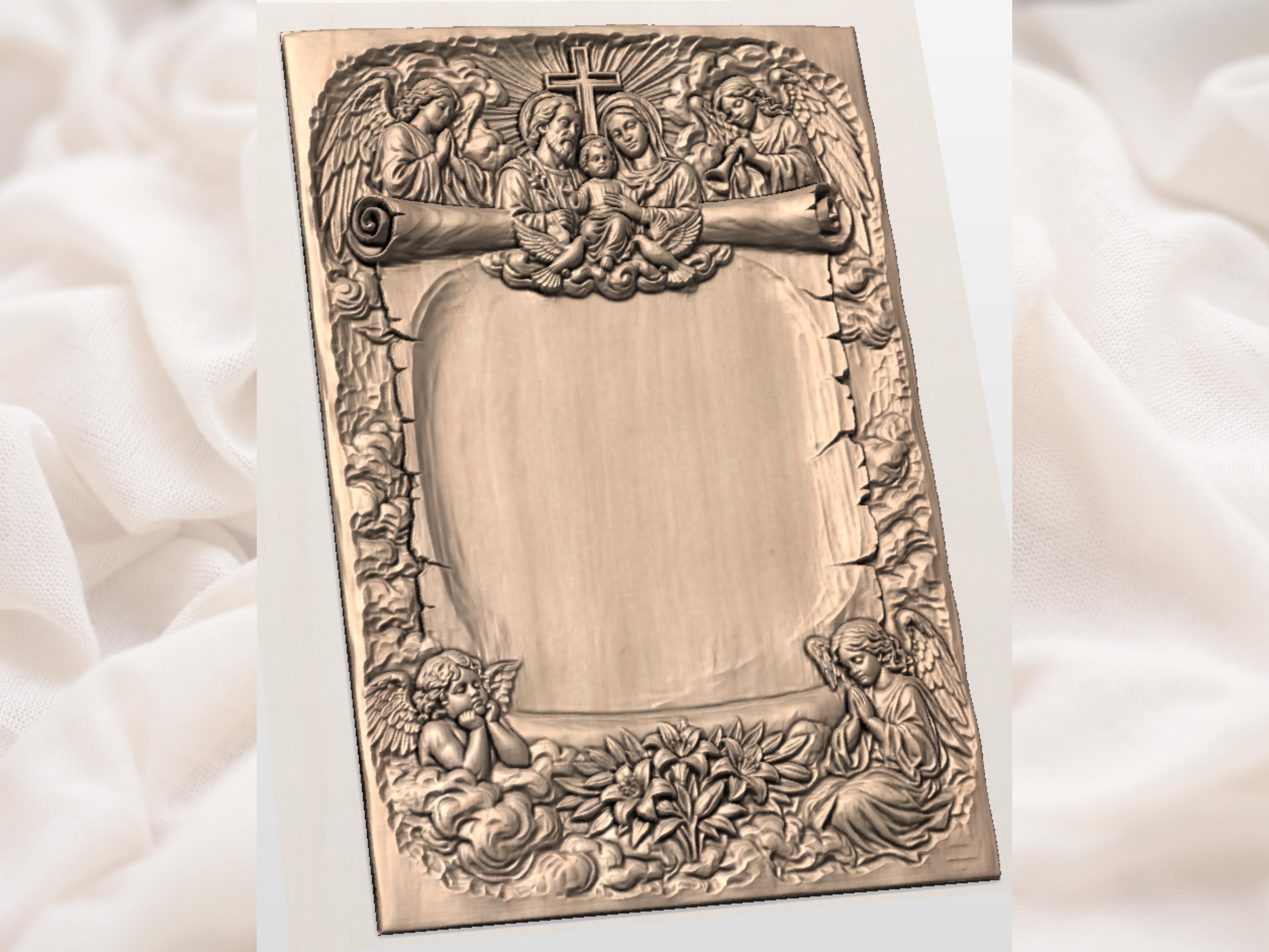 Holy Family Memorial Plaque with Cross, Angels and Doves bas-relief STL — view 2
