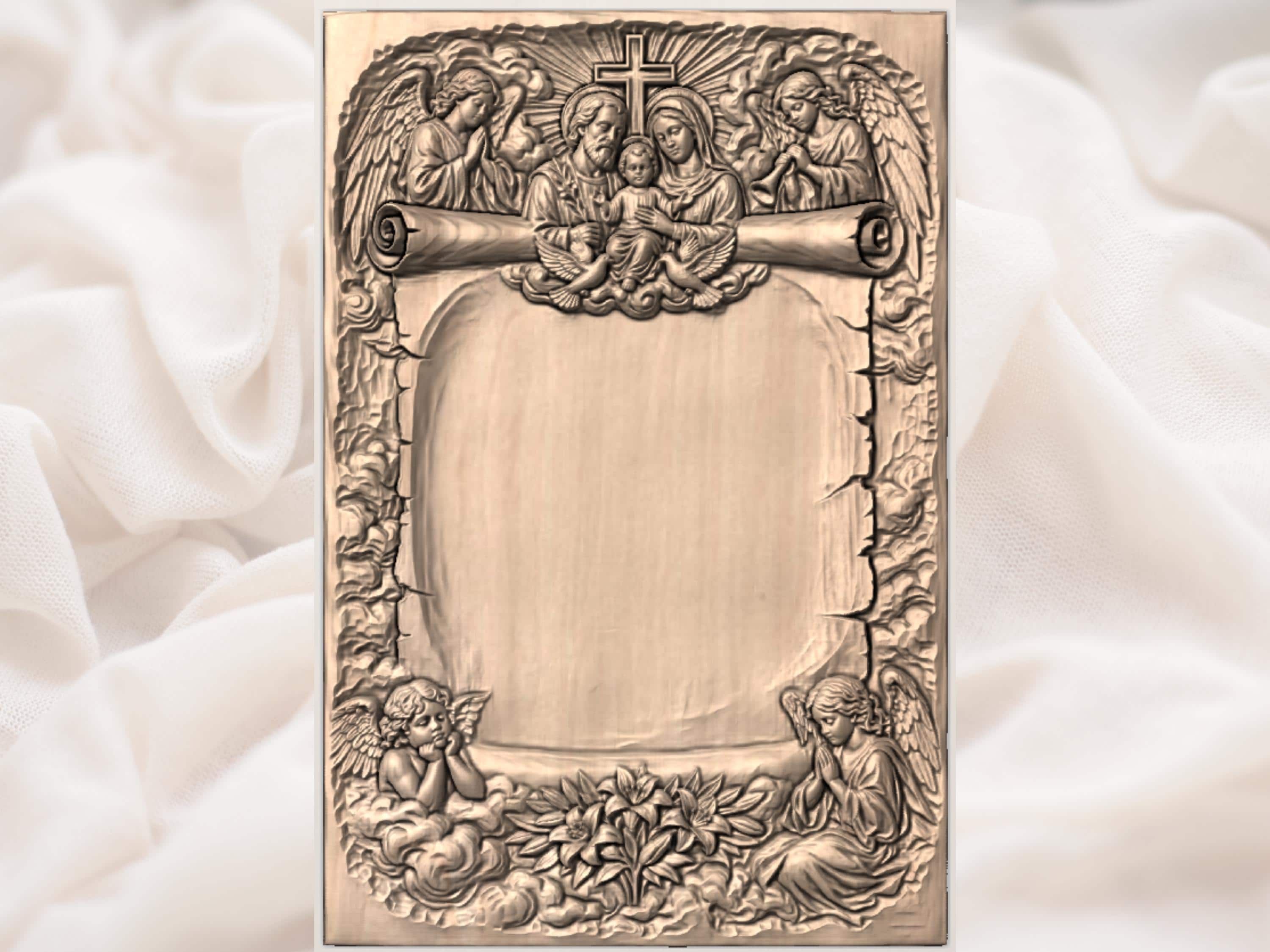 Holy Family Memorial Plaque with Cross, Angels and Doves bas-relief STL — view 3