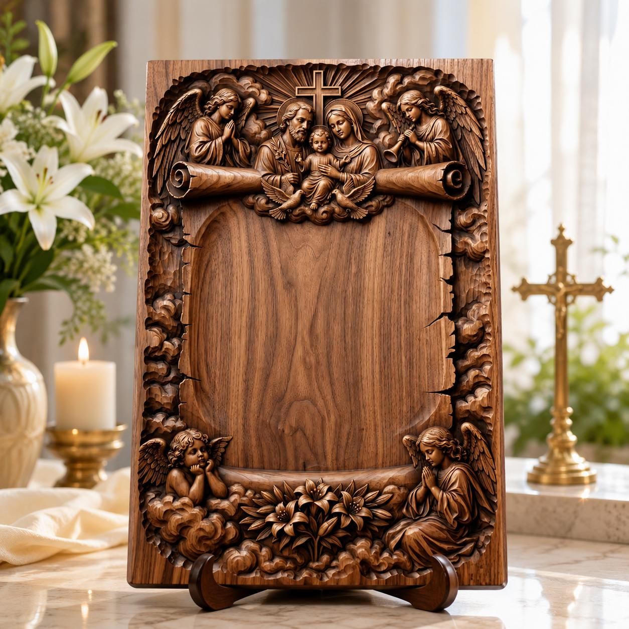 Holy Family Memorial Plaque with Cross, Angels and Doves bas-relief STL — view 4