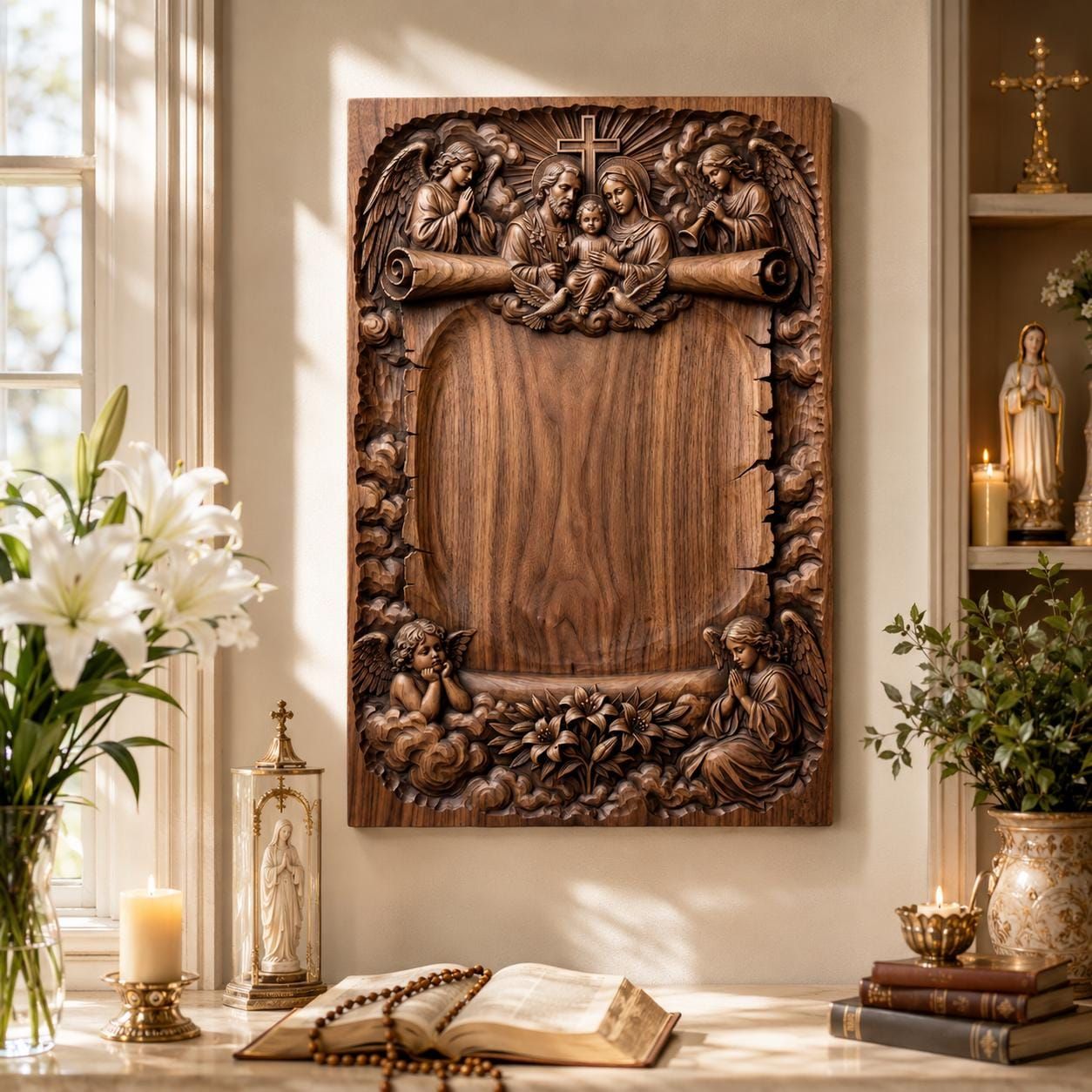 Holy Family Memorial Plaque with Cross, Angels and Doves bas-relief STL — view 5