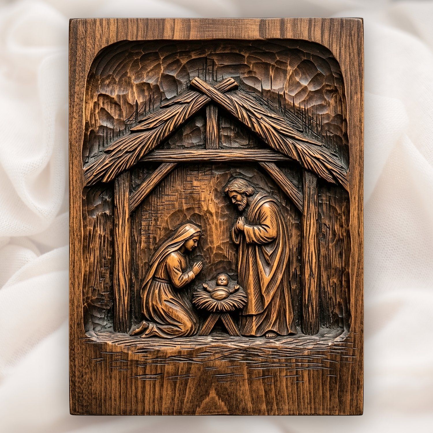 Holy Family Nativity CNC Relief STL | Religious Wood Carving Design | Christian Wall Art Panel — carved bas relief STL file for CNC