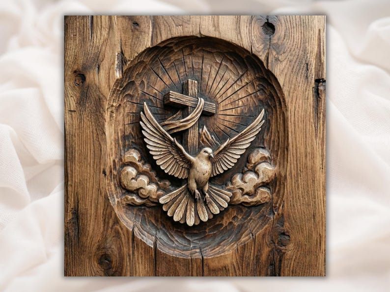 Carved wood relief of a dove with open wings before a cross, radiant rays and clouds, oak panel