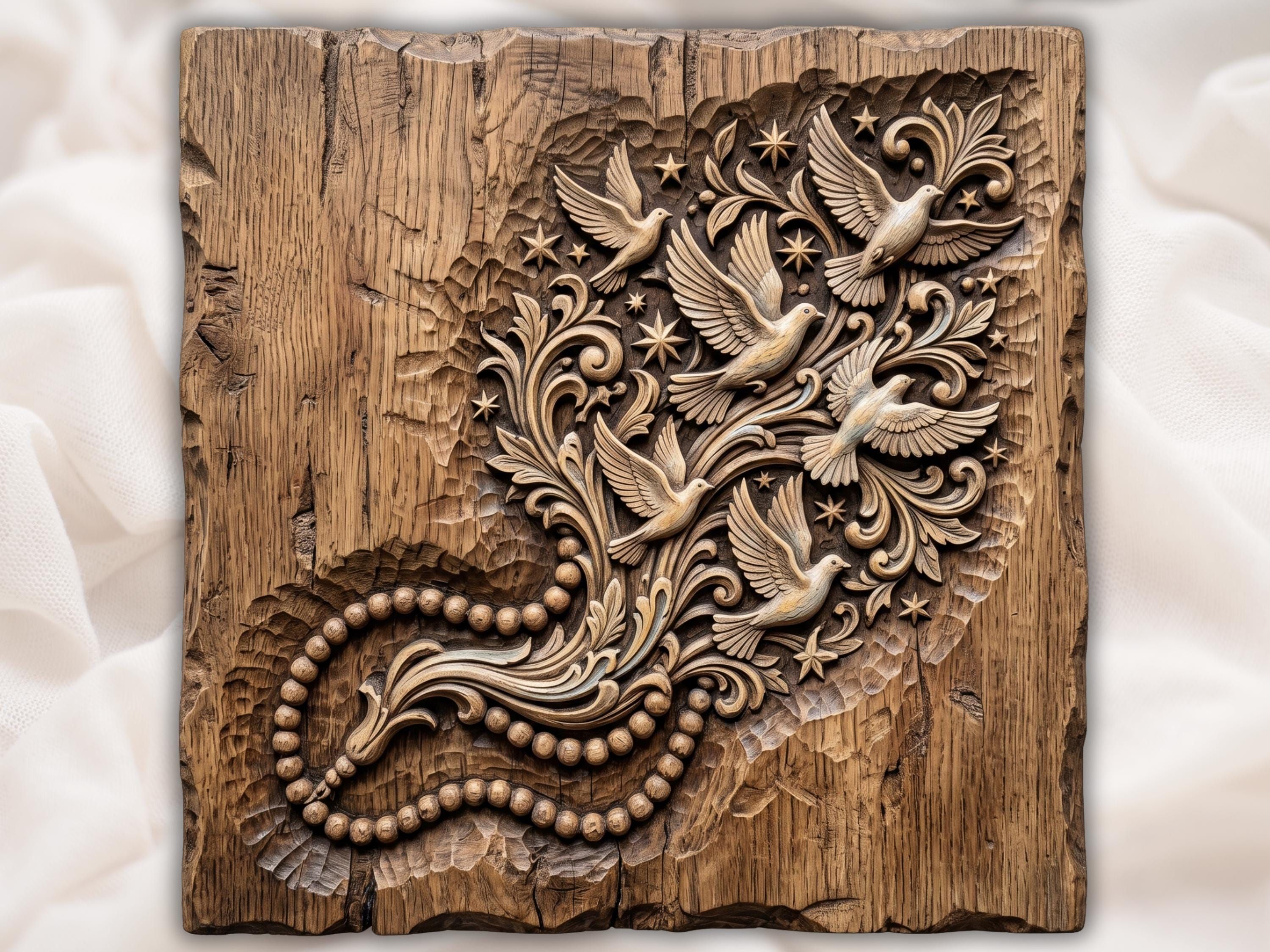Carved wood relief of three doves with open wings rising above scrollwork, stars, and a curve of rosary beads.