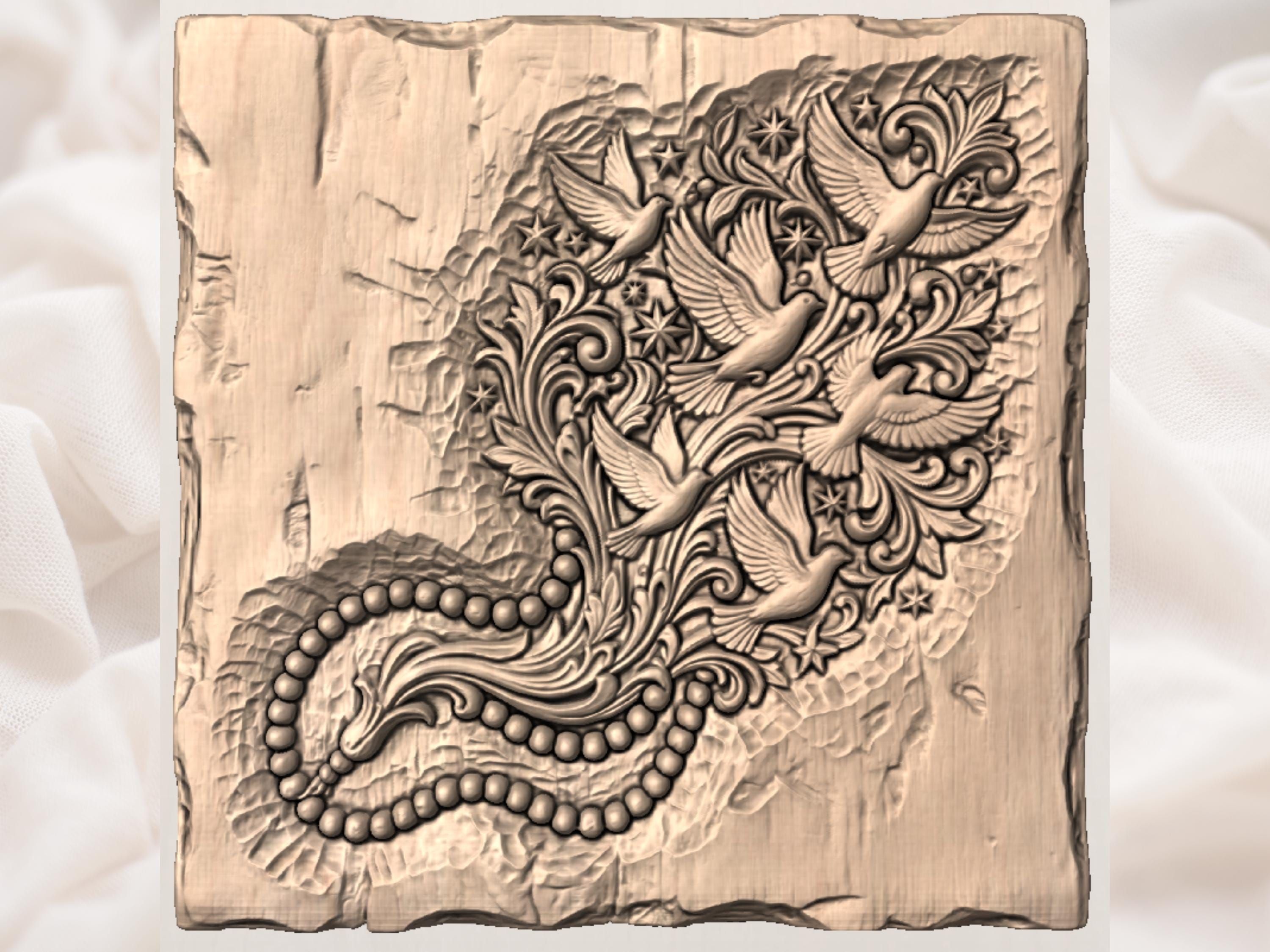 Rising Doves and Rosary Beads Bas-Relief Carving STL bas-relief STL — view 2