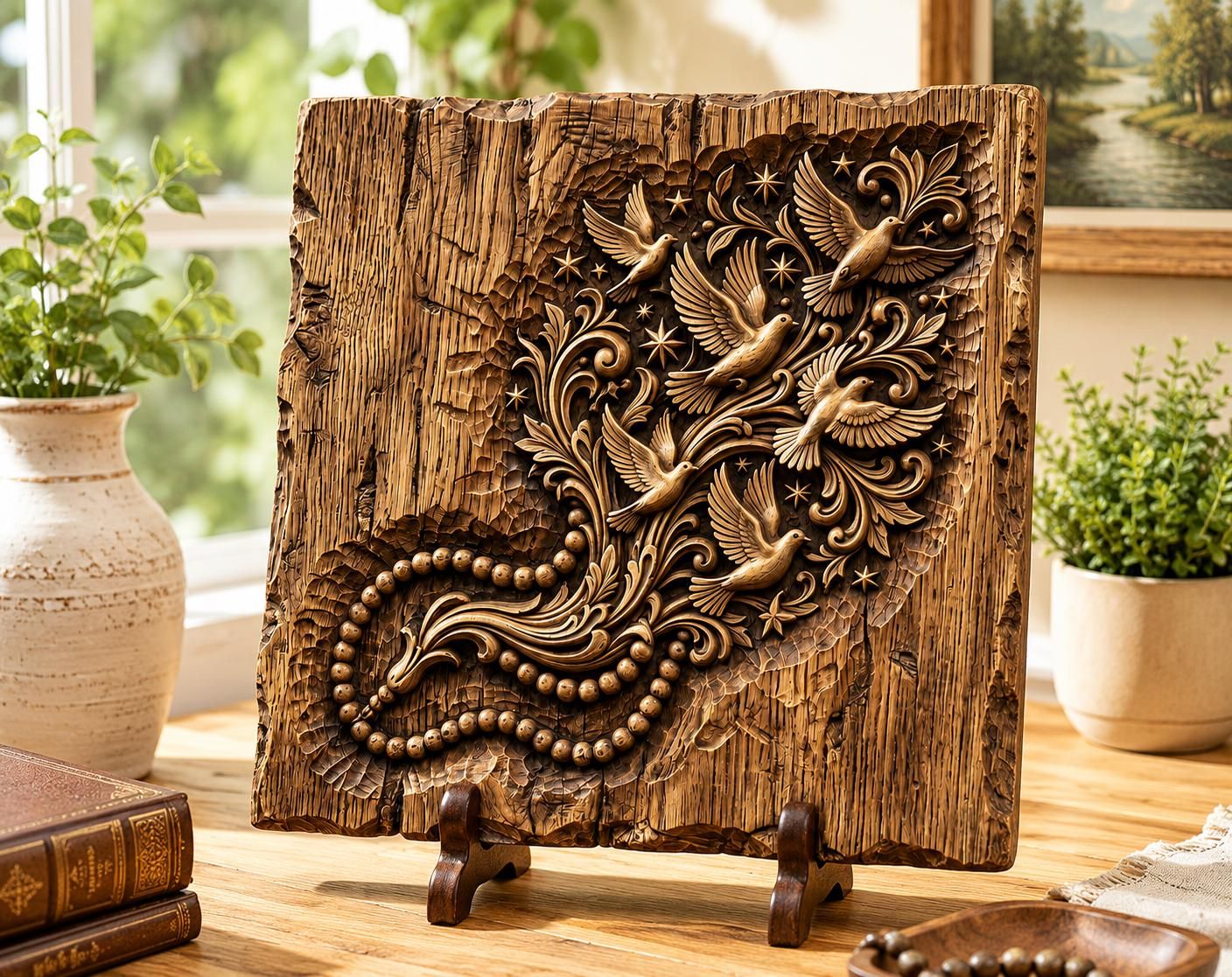 Rising Doves and Rosary Beads Bas-Relief Carving STL bas-relief STL — view 4